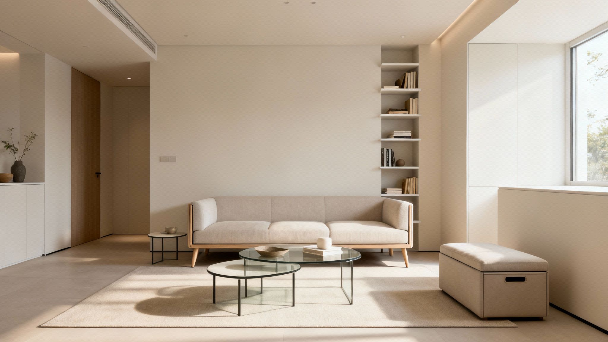 A stylish small living room with a sofa featuring slim legs and a glass coffee table to enhance the sense of space.
