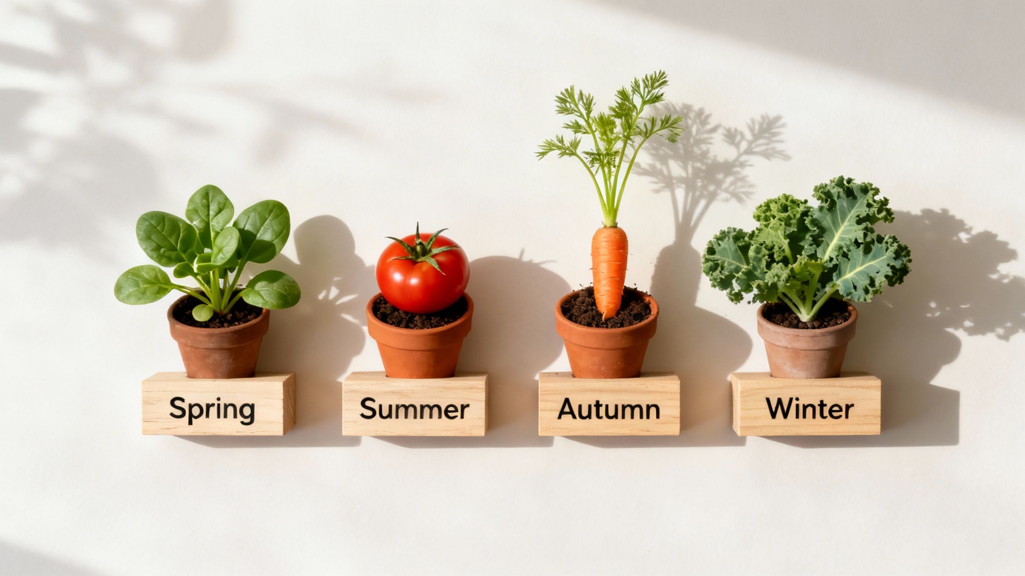 A colourful flat lay of various seasonal vegetables arranged on a wooden surface.