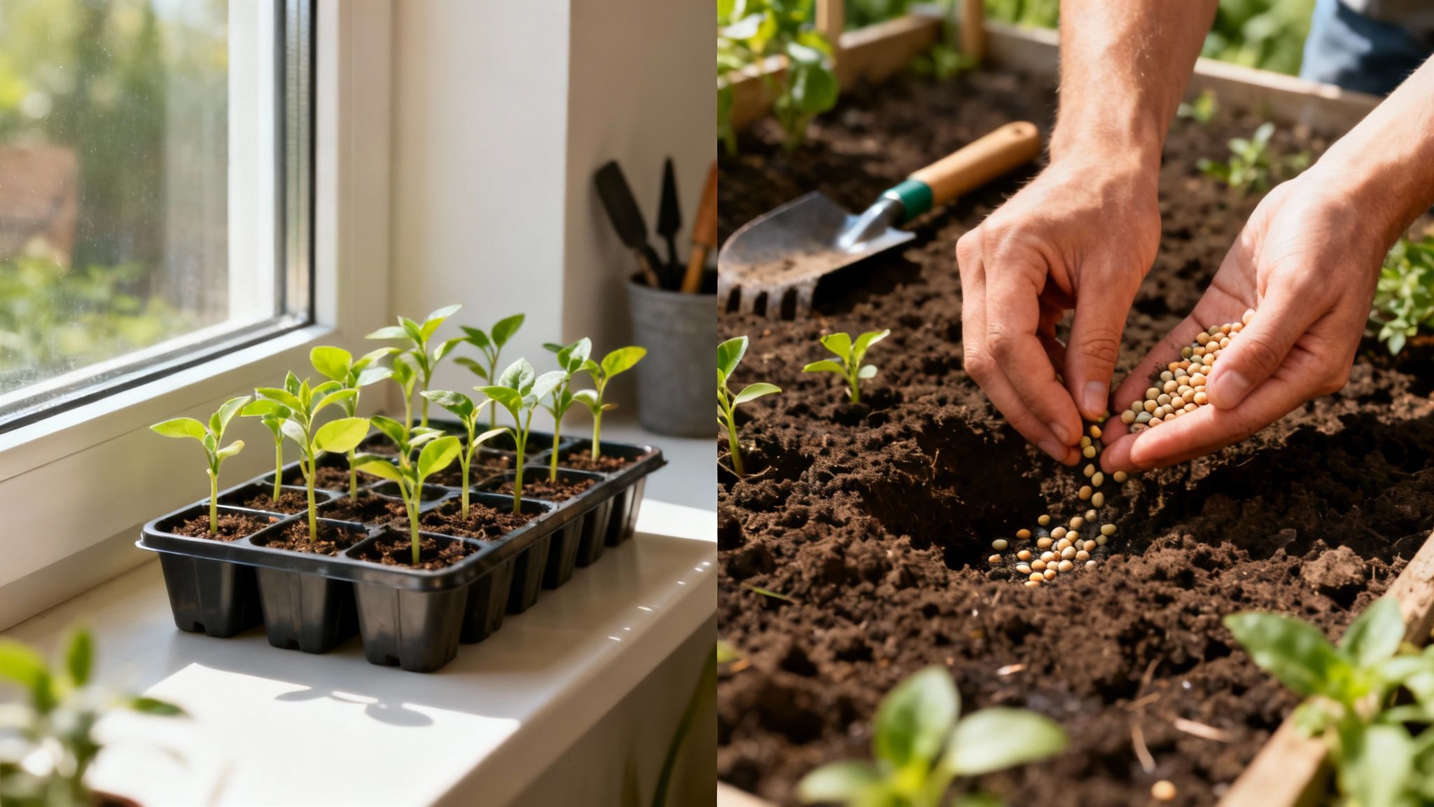 A close-up of young seedlings growing in biodegradable pots on a windowsill.