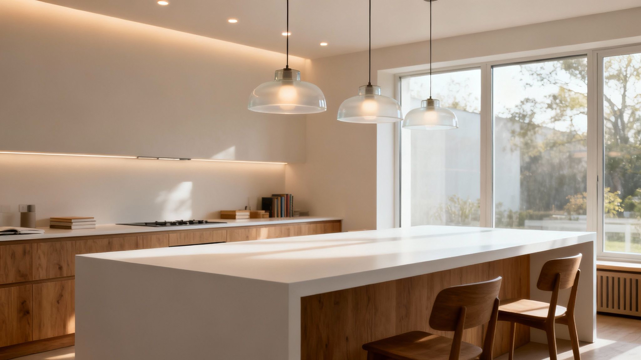 A well-lit kitchen island with three modern pendant lights hanging above a marble countertop.