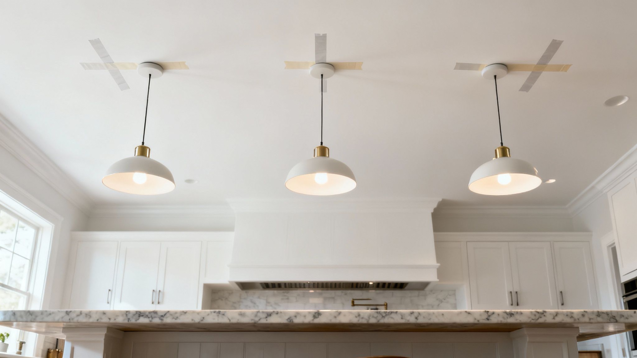 Three perfectly spaced pendant lights hanging over a modern kitchen island.