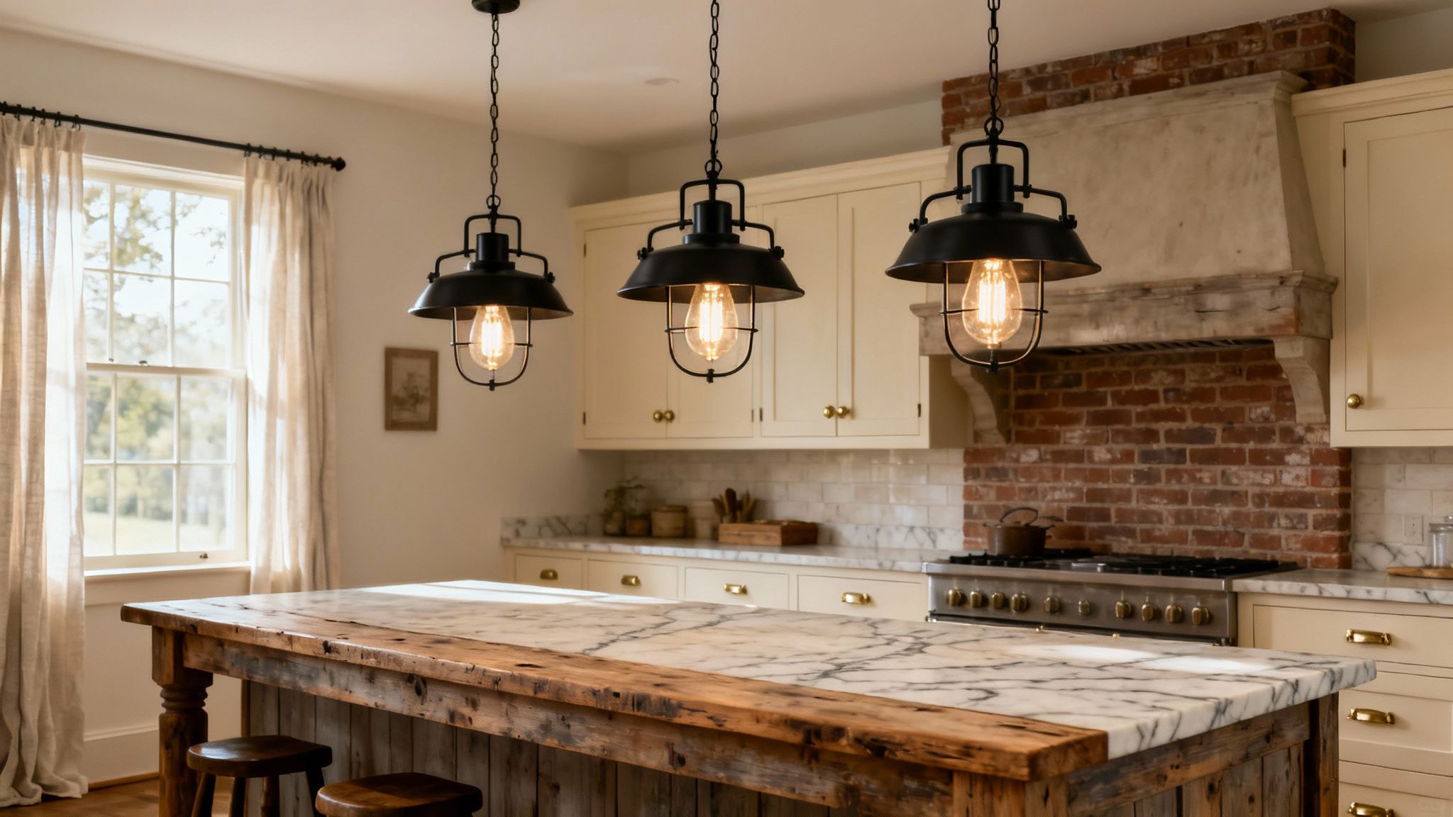 A minimalist kitchen with a long, sleek linear suspension light over a modern waterfall island.