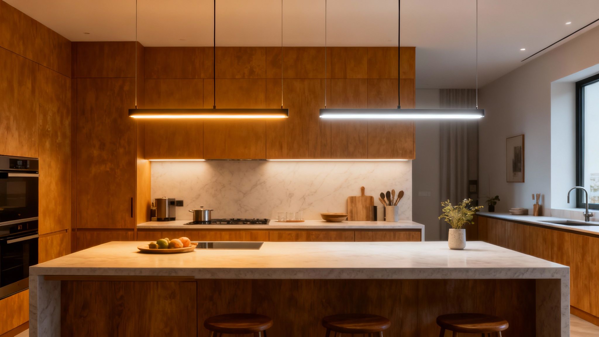A kitchen island illuminated by warm, inviting pendant lights, creating a cosy atmosphere.