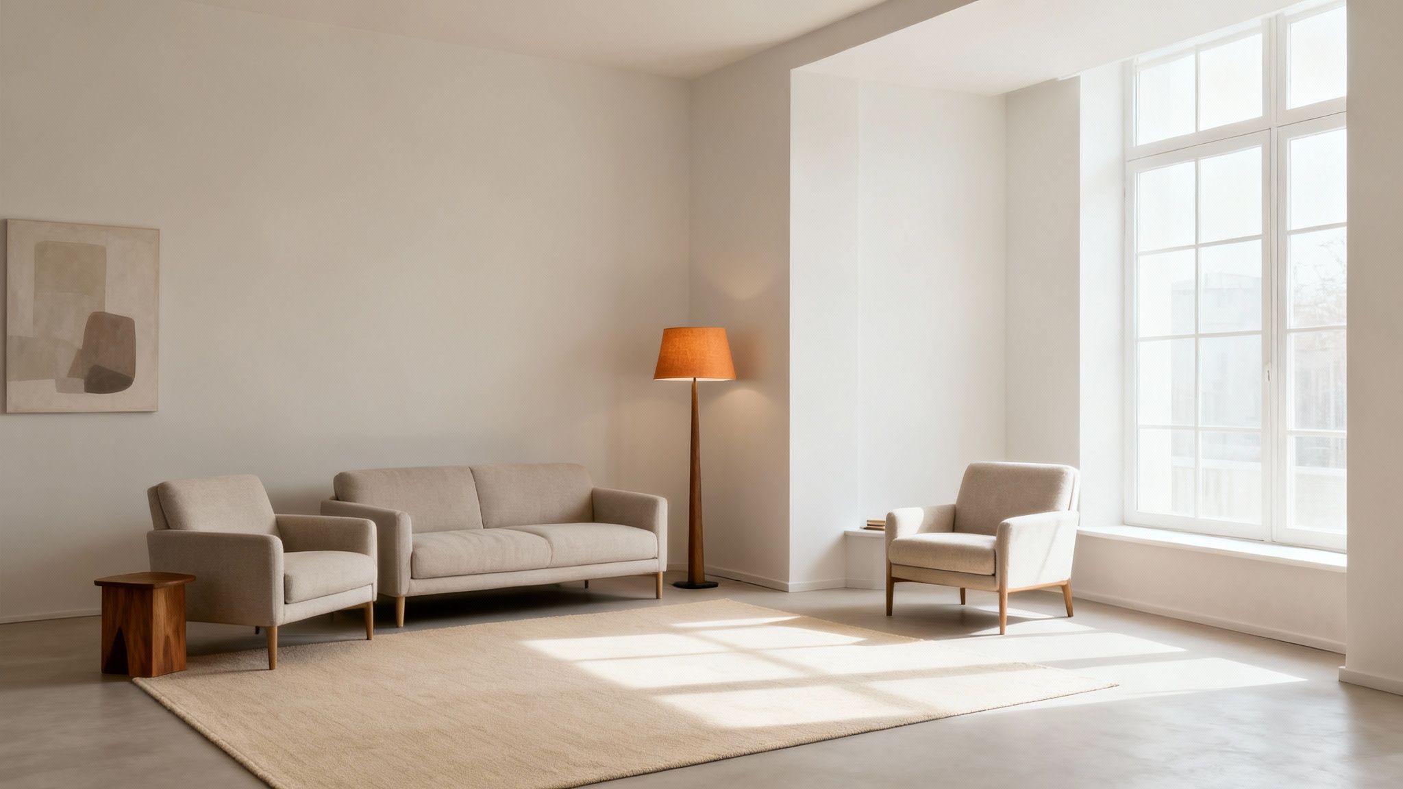 A living room with a defined conversation zone using an area rug