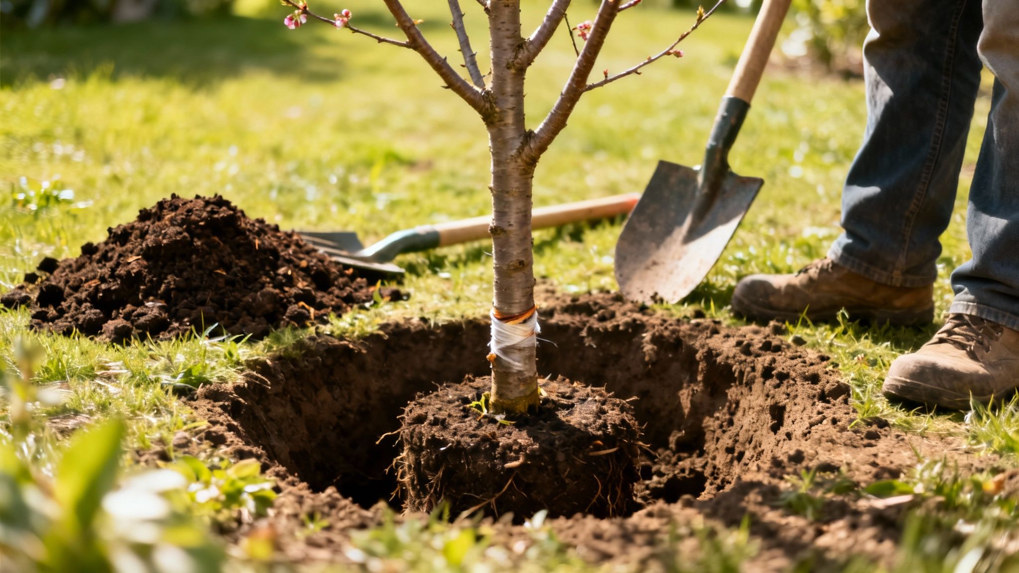 A young cherry tree sapling being planted in a garden hole, with hands patting down the soil around its base.