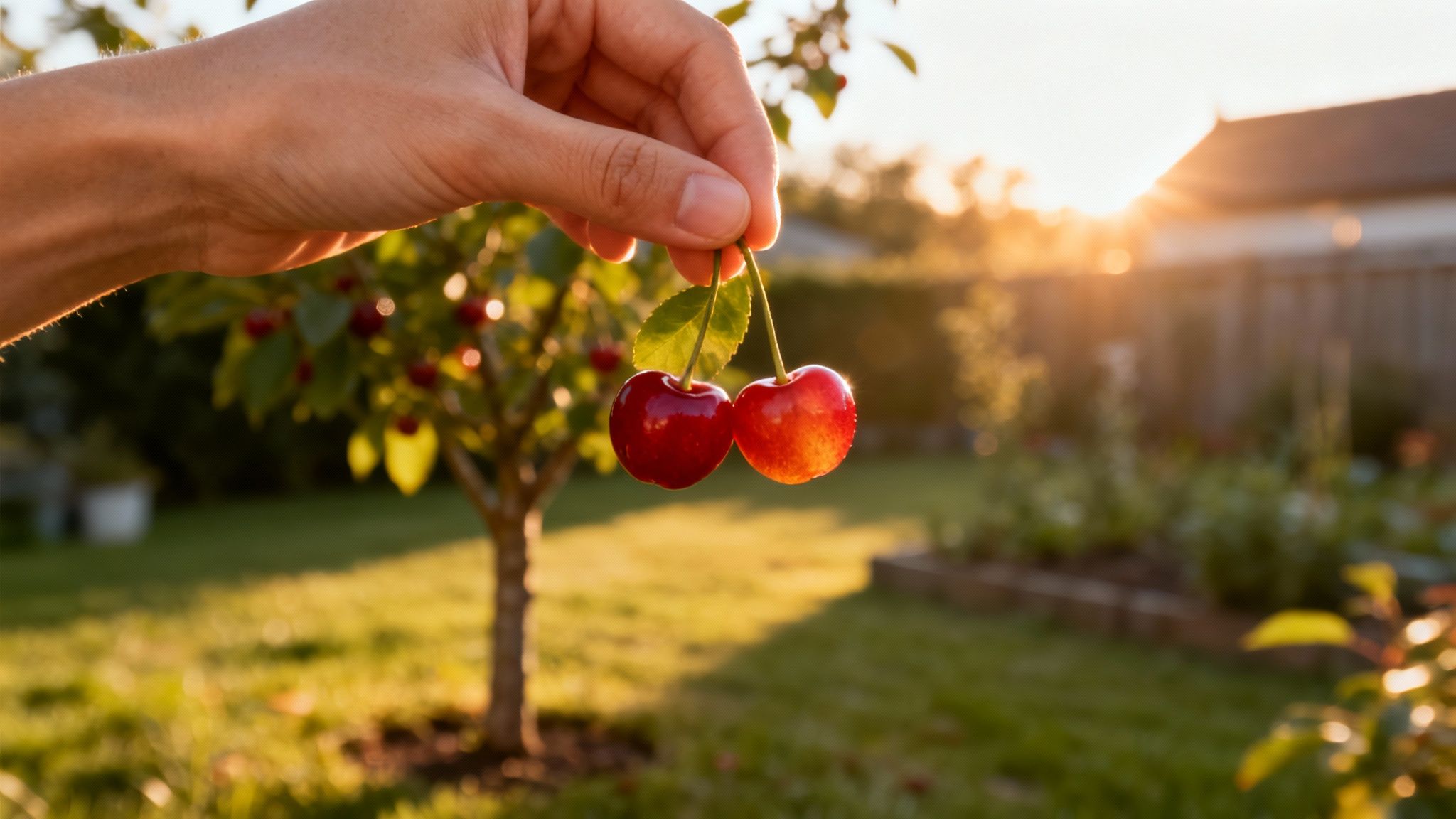 A person's hands holding a basket full of freshly picked red cherries.