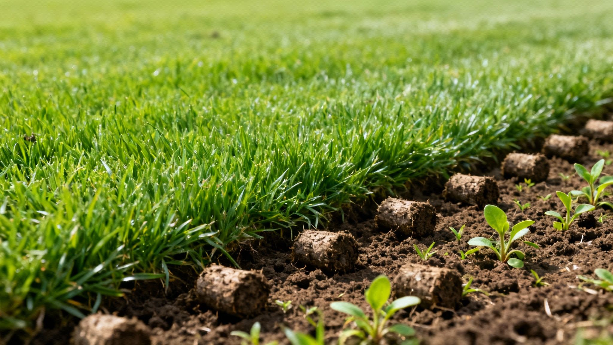 A healthy, dense, and vibrant green lawn, perfectly mowed and free of weeds.