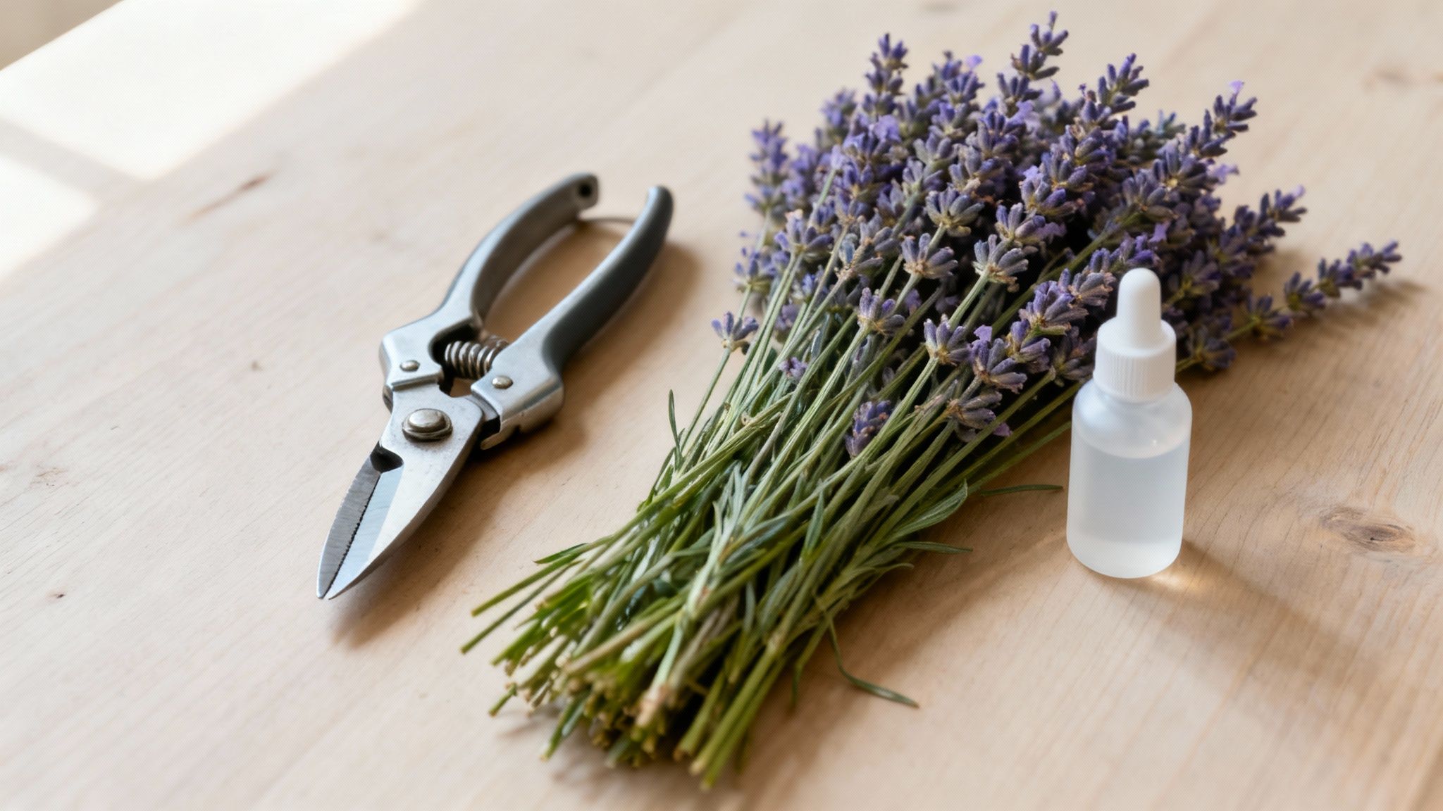 A pair of clean, sharp secateurs resting on a wooden surface next to a bunch of freshly cut lavender.