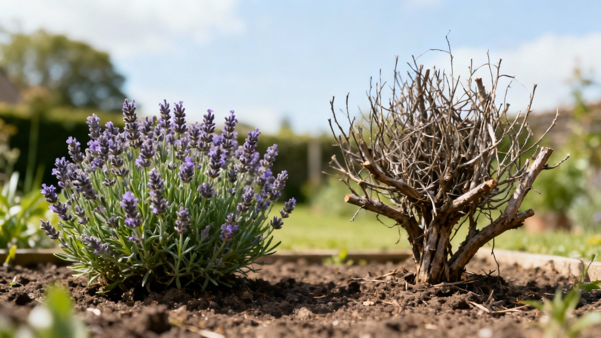 A healthy lavender plant with vibrant purple flowers in a garden.