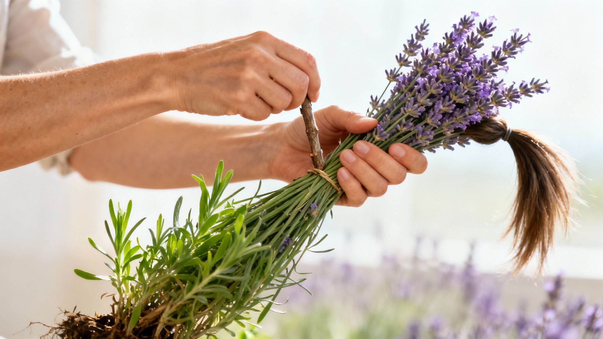 A close-up shot of hands carefully pruning lavender stems with secateurs.