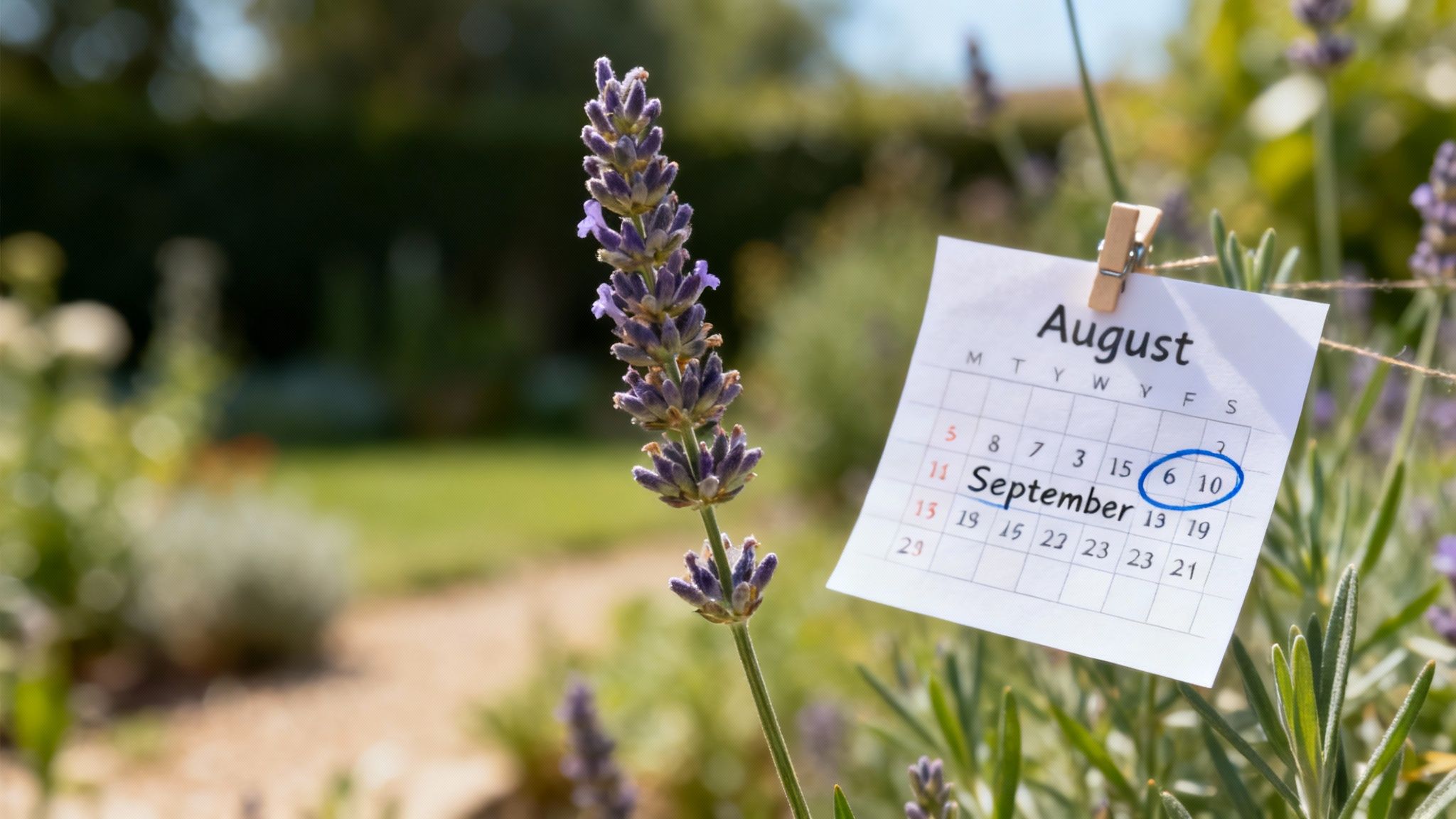 A person's hands holding pruning shears, about to trim lavender stems in a sunny garden.