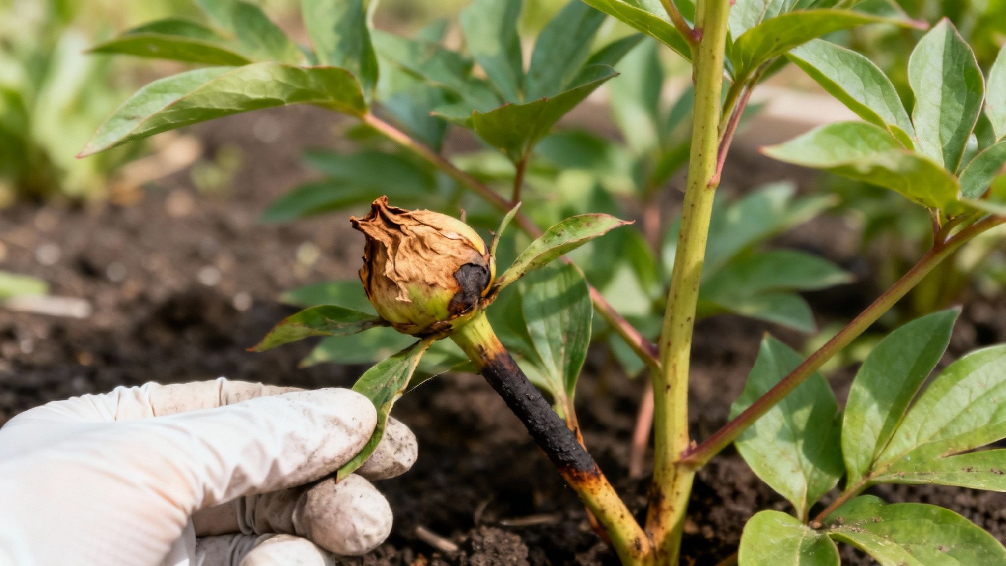 Close-up of a peony bud affected by Botrytis, showing browning and wilting.