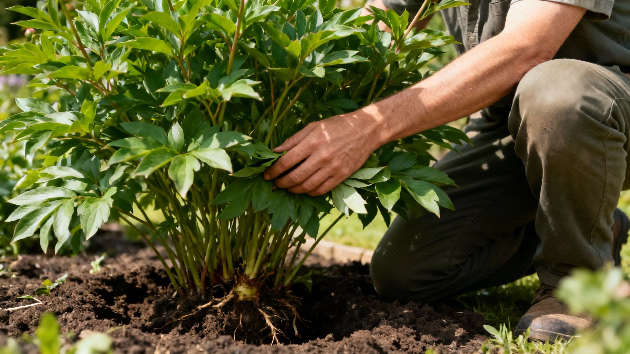A healthy but non-blooming peony bush with lush green leaves.