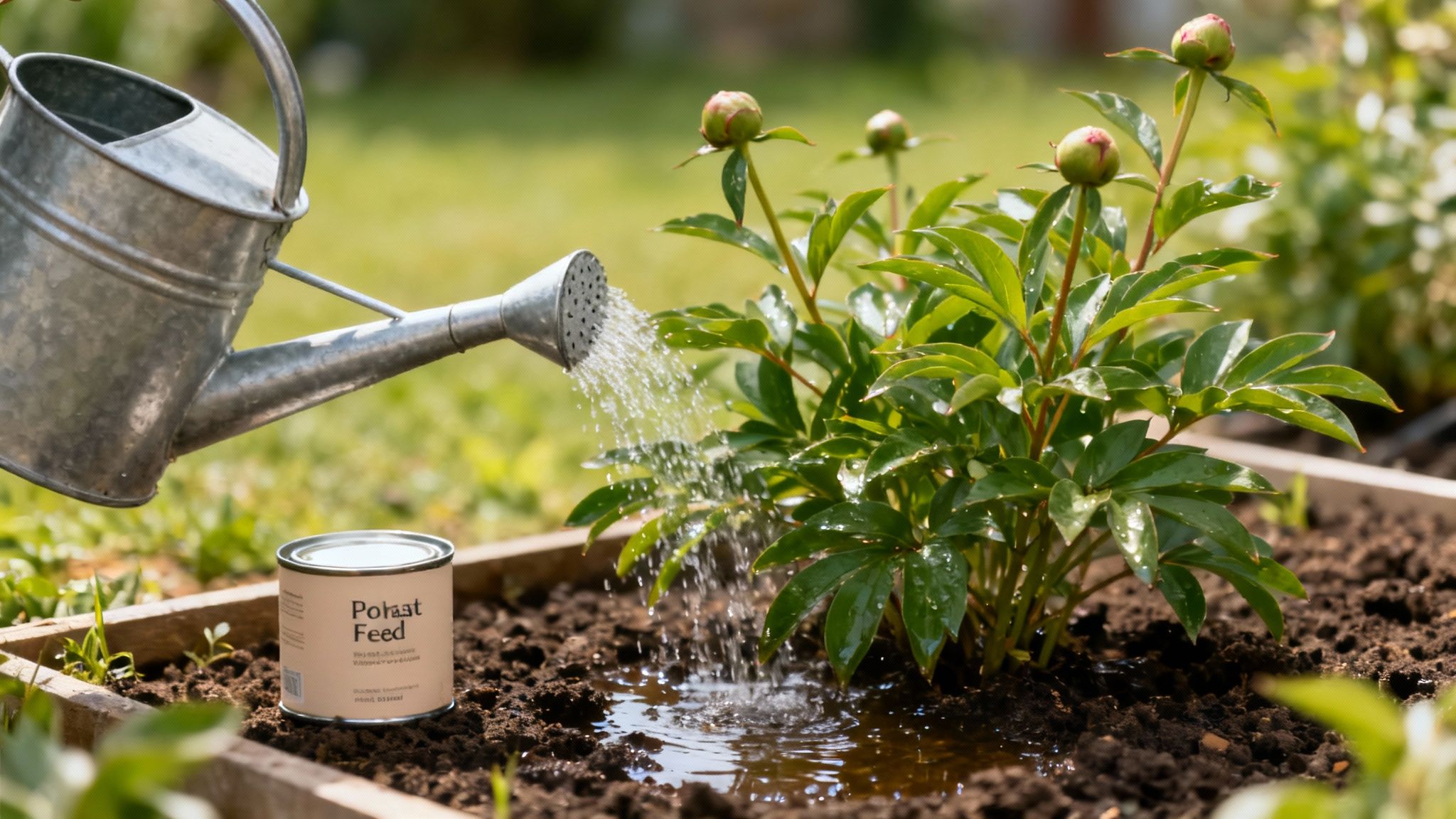 A person gently watering the base of a peony plant, avoiding the foliage.