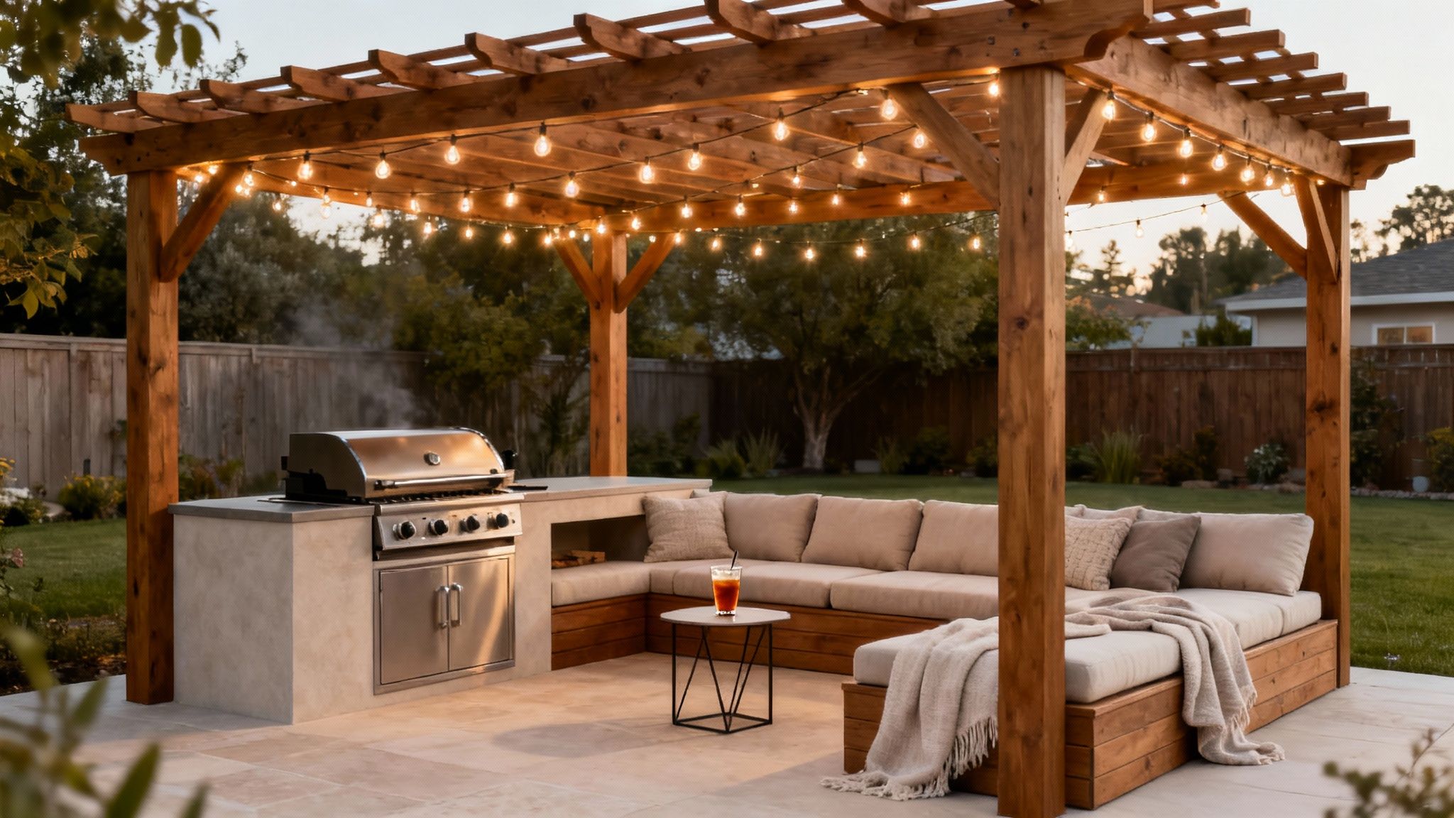 Pergola-Covered BBQ Lounge with Seating