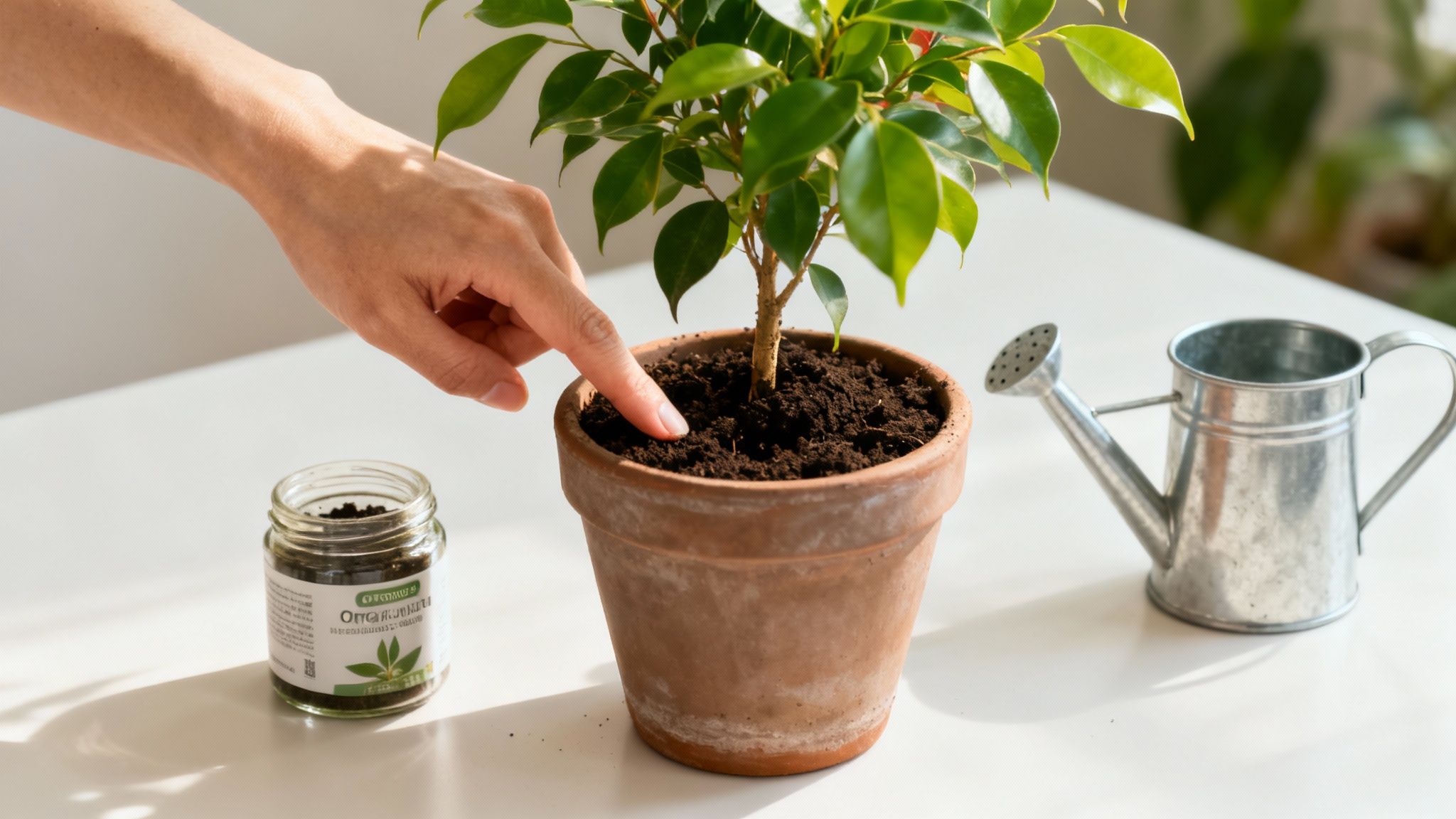 A person watering a collection of healthy potted plants in an outdoor garden setting.