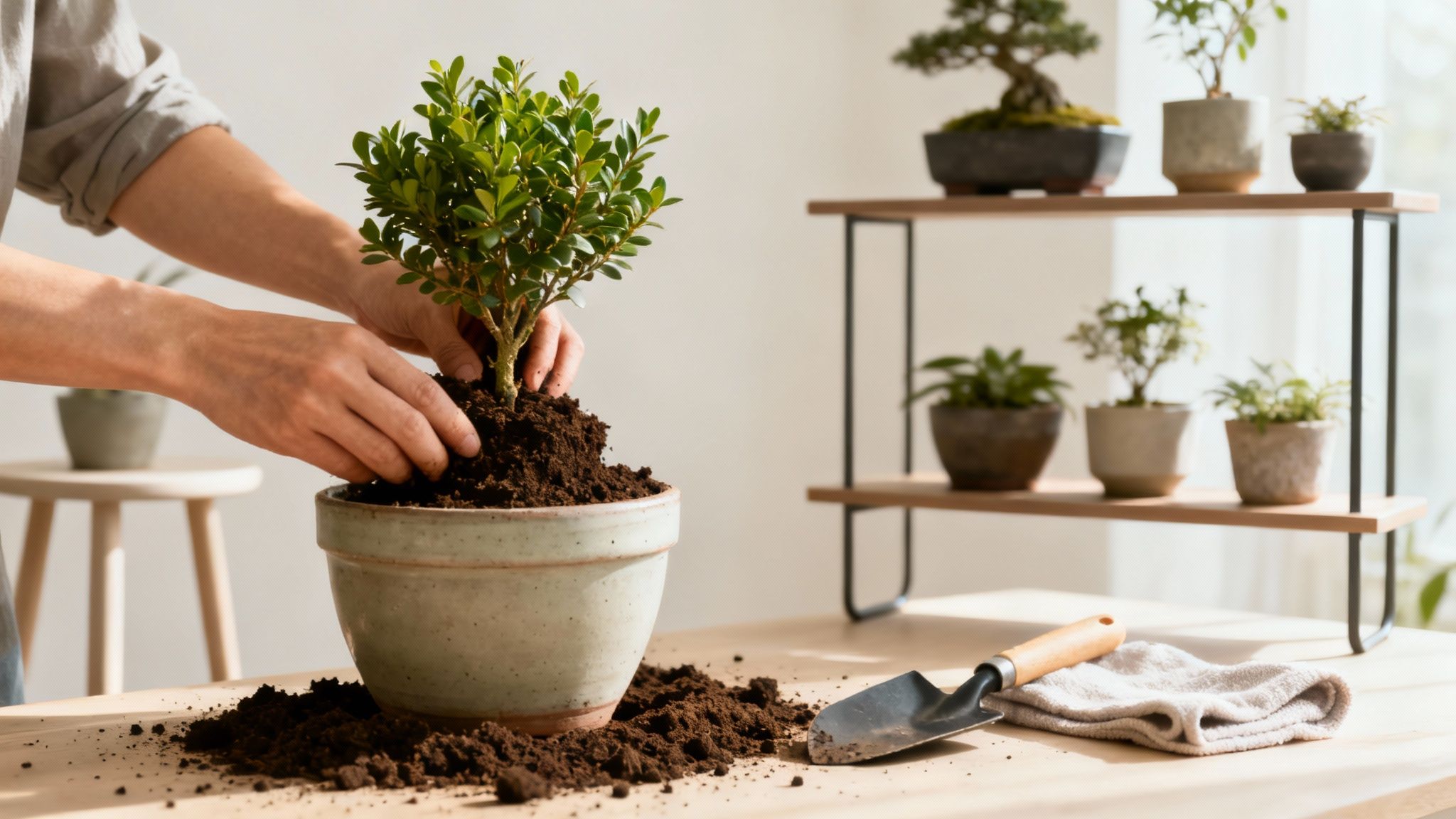 A close-up shot of hands potting a small plant into a larger container.