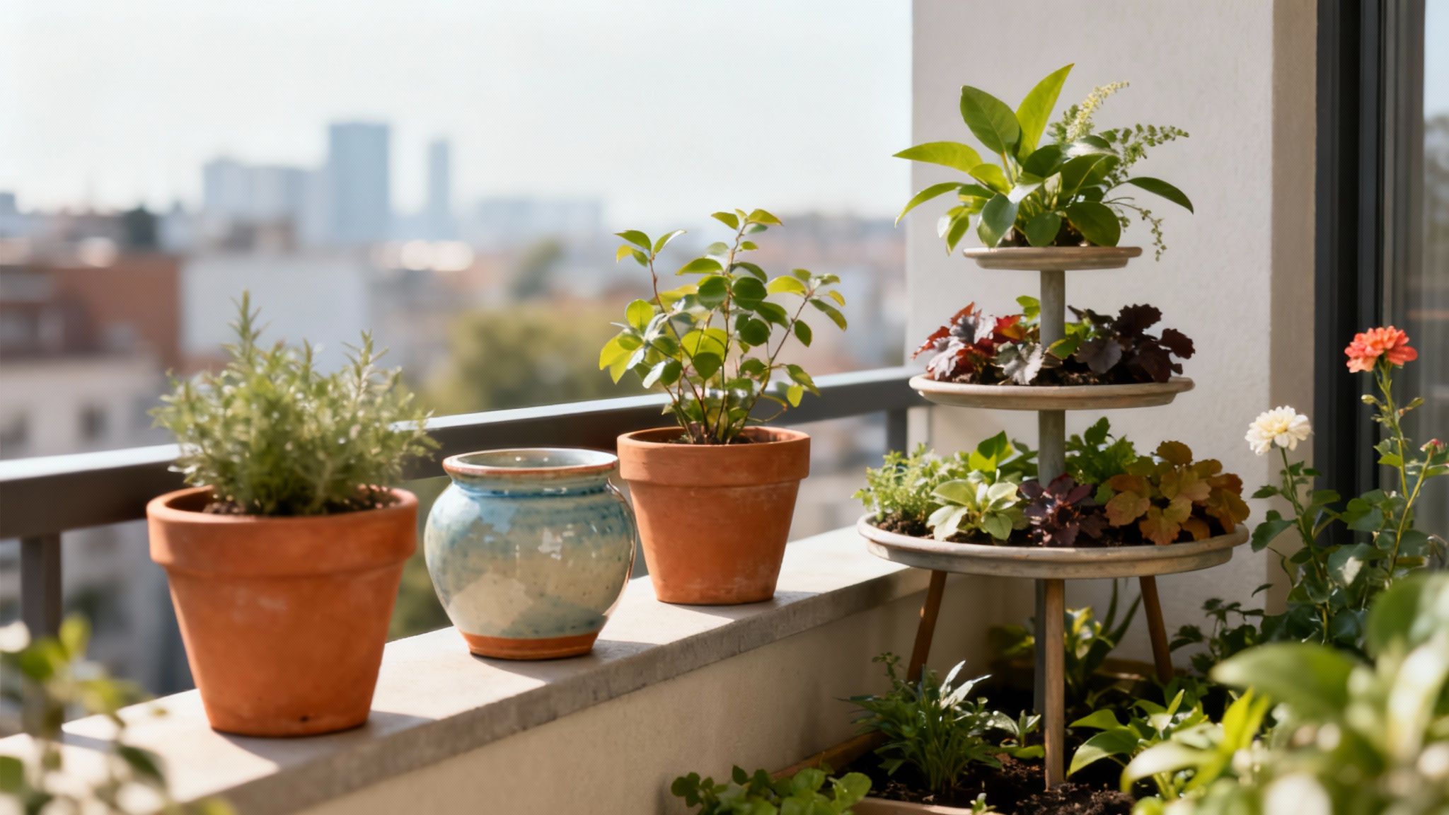 A vibrant collection of potted plants arranged on outdoor shelving.
