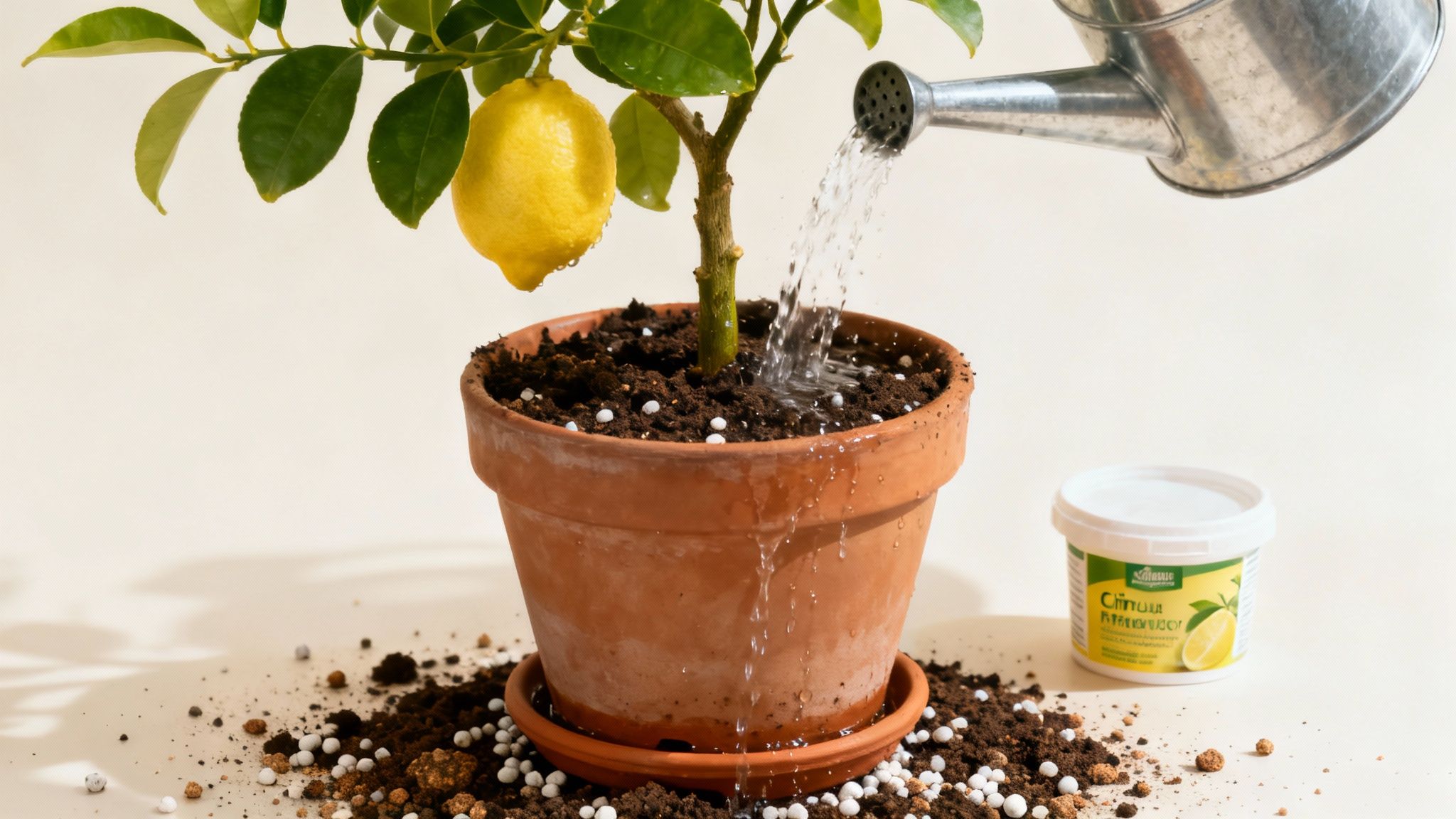 A person's hand holding a watering can, gently watering a potted lemon tree with small green lemons.