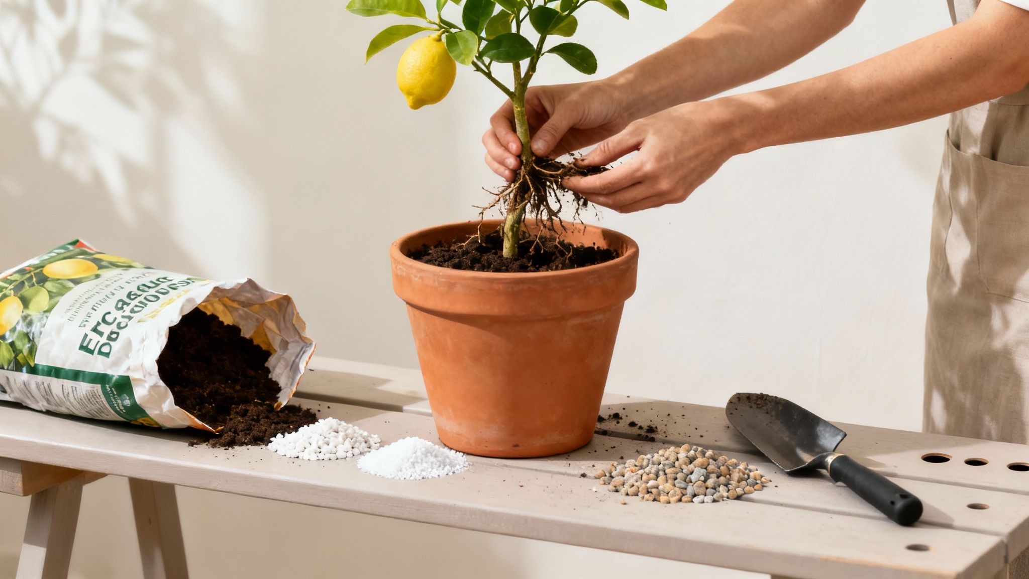 A close-up of a person's hands potting a small lemon tree into a terracotta pot with fresh soil.