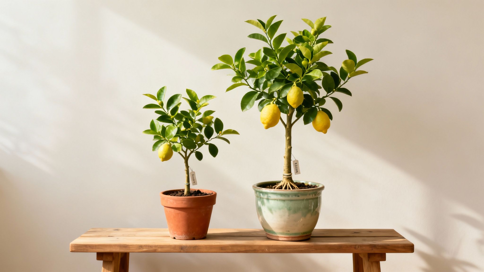 A healthy potted lemon tree with several ripe yellow lemons hanging from its branches.