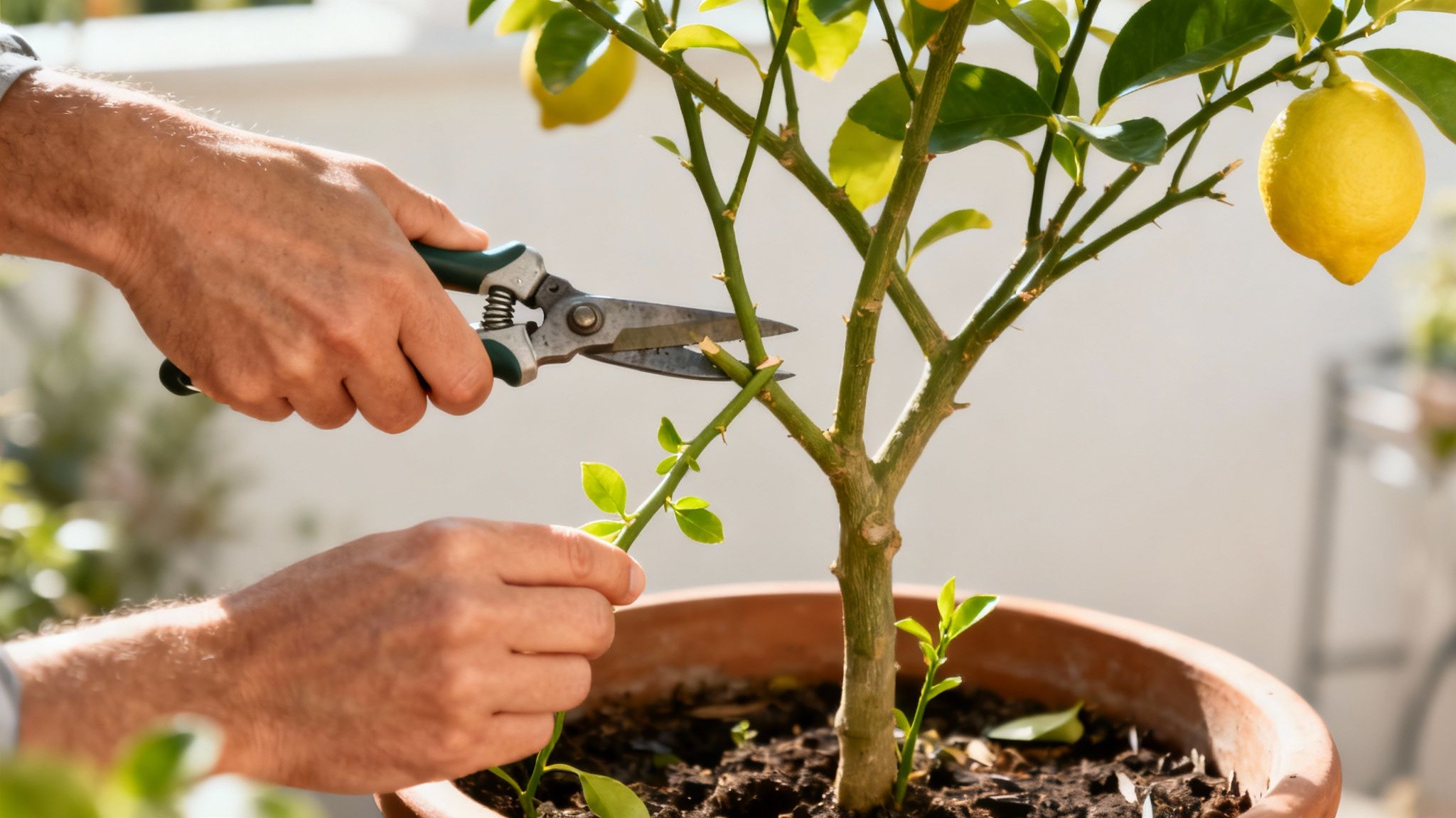A person's gloved hands carefully pruning a small branch from a lemon tree with sharp secateurs.