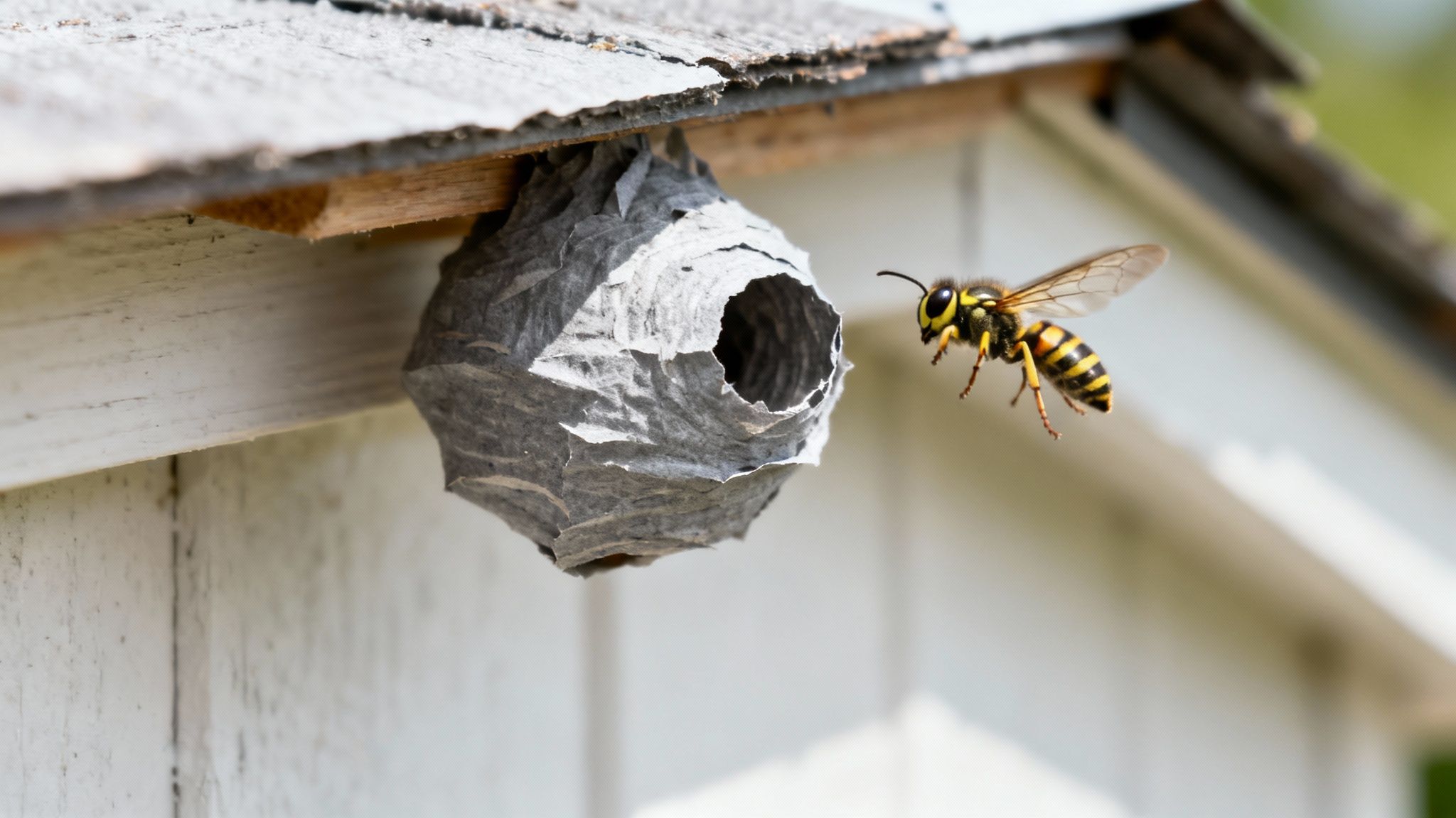 Close-up of a large, active paper wasp nest under the eaves of a house.