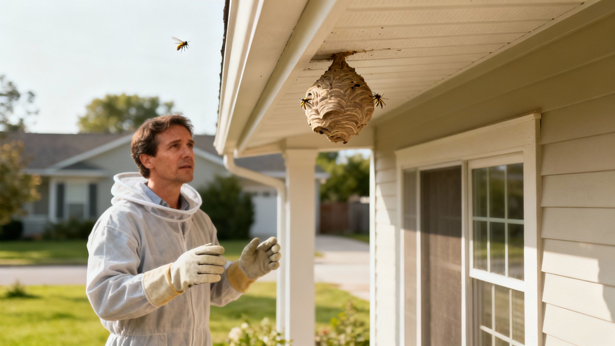 A person in protective gear cautiously approaching a wasp nest on a wooden wall.