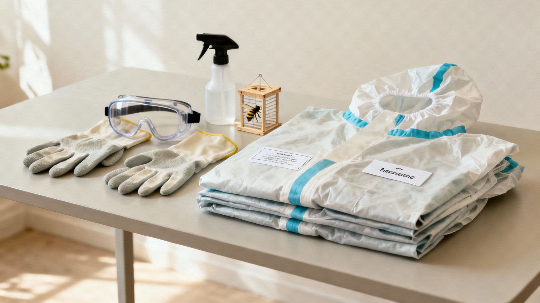 A person safely spraying a small wasp nest from a distance with an aerosol spray.