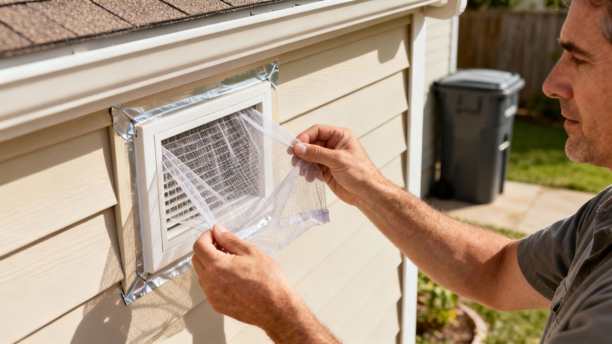 A hand sealing a crack in an exterior brick wall with a caulking gun to prevent wasps from entering.