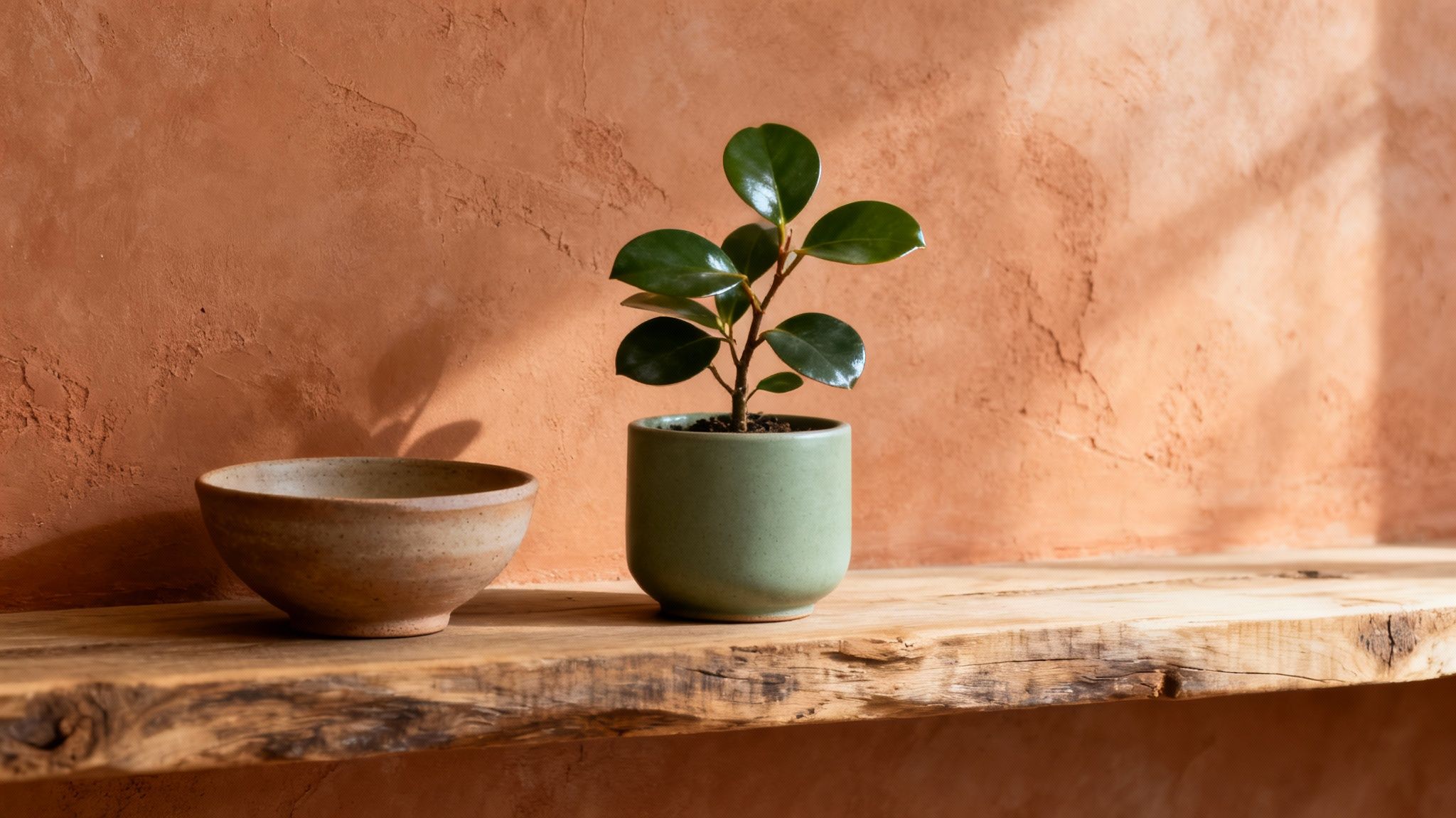 A bohemian-style bedroom with a terracotta-coloured accent wall, an olive green duvet cover, and numerous potted plants.