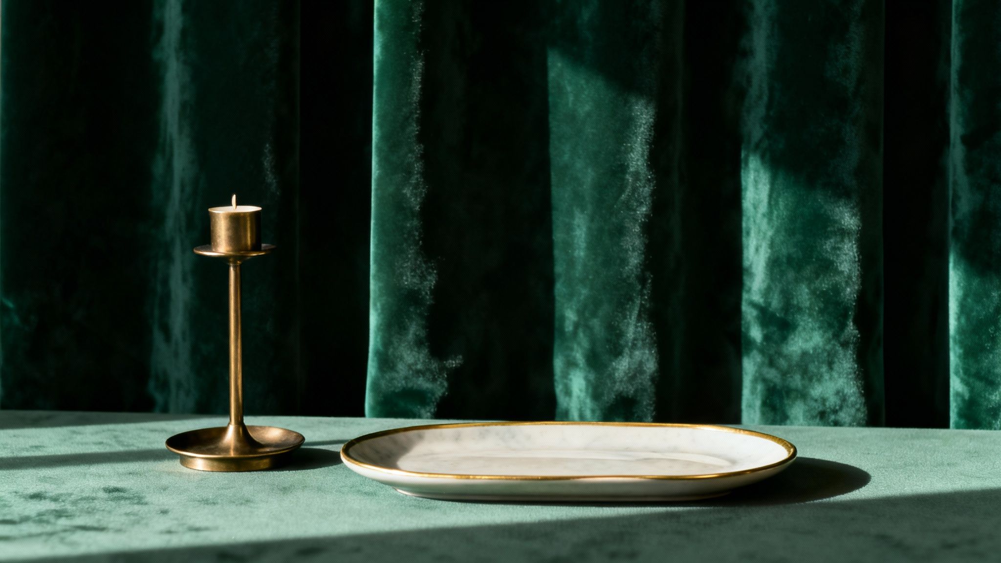 An elegant bathroom with dark green wall tiles and gold brass fixtures, including the tap and shower head.