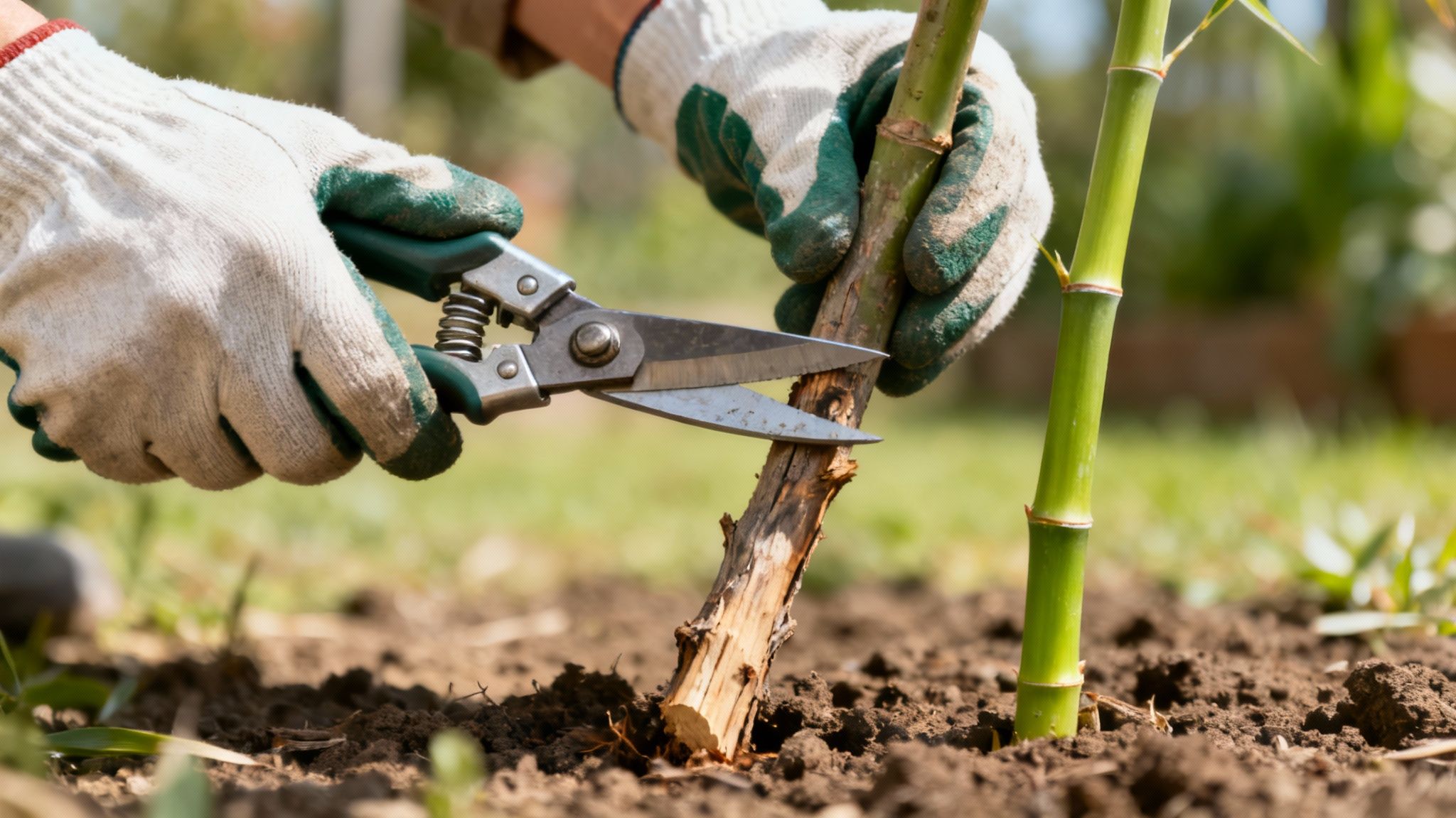 A gardener's gloved hands carefully pruning a rose bush with sharp secateurs.