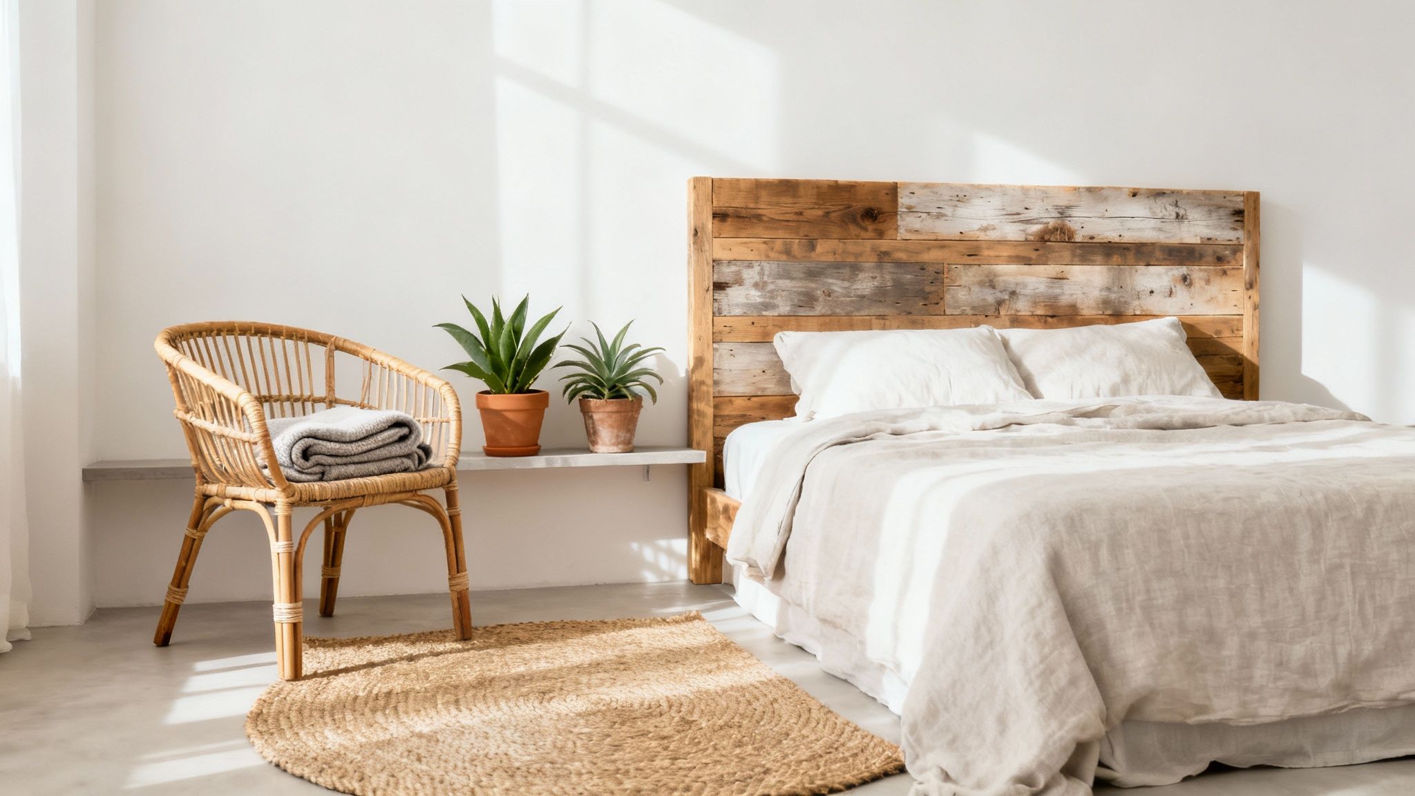 A bedroom featuring a wooden headboard, rattan furniture, and several indoor plants.