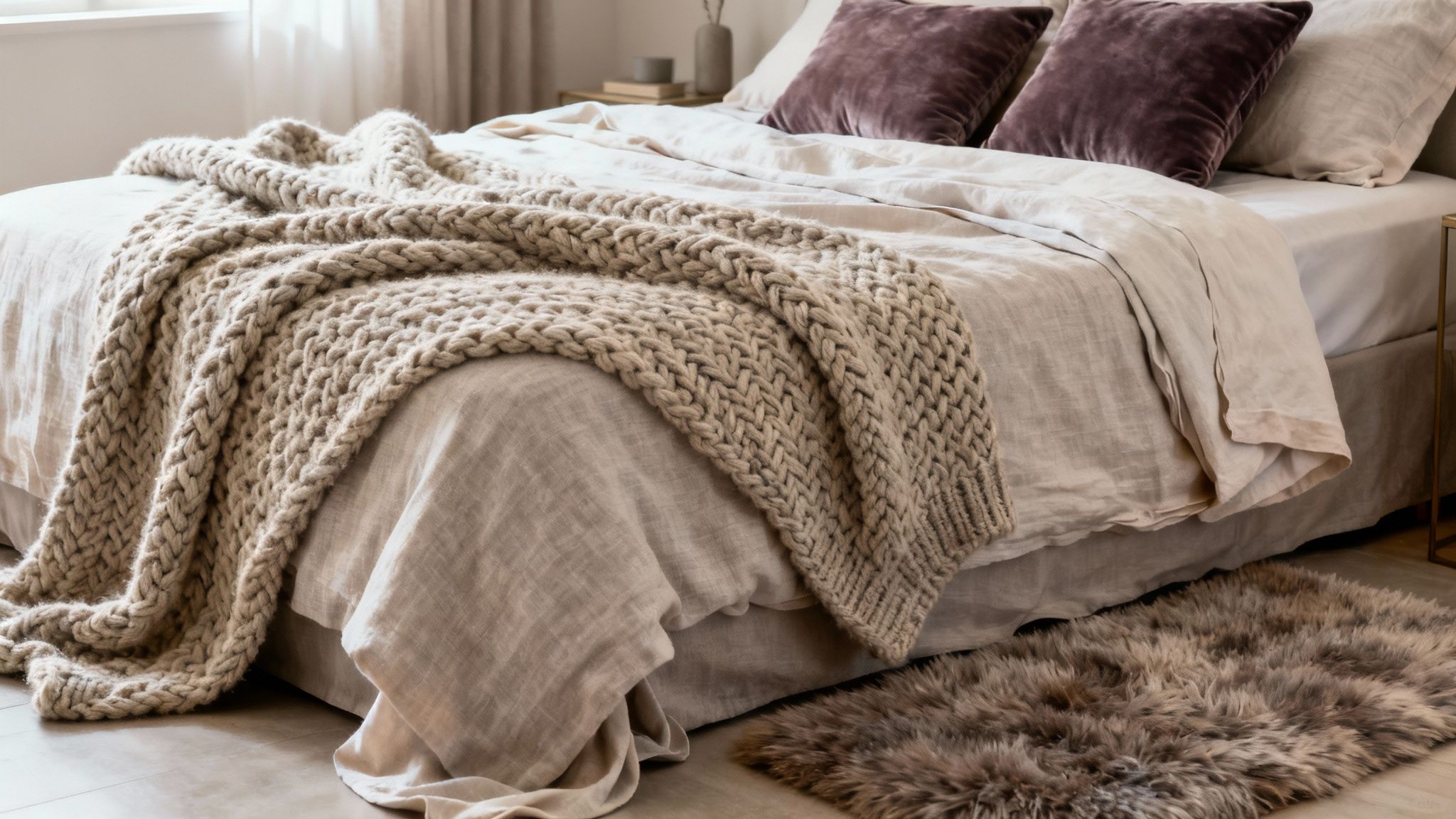 A bed layered with multiple textures, including a chunky knit throw, velvet cushions, and linen bedding.