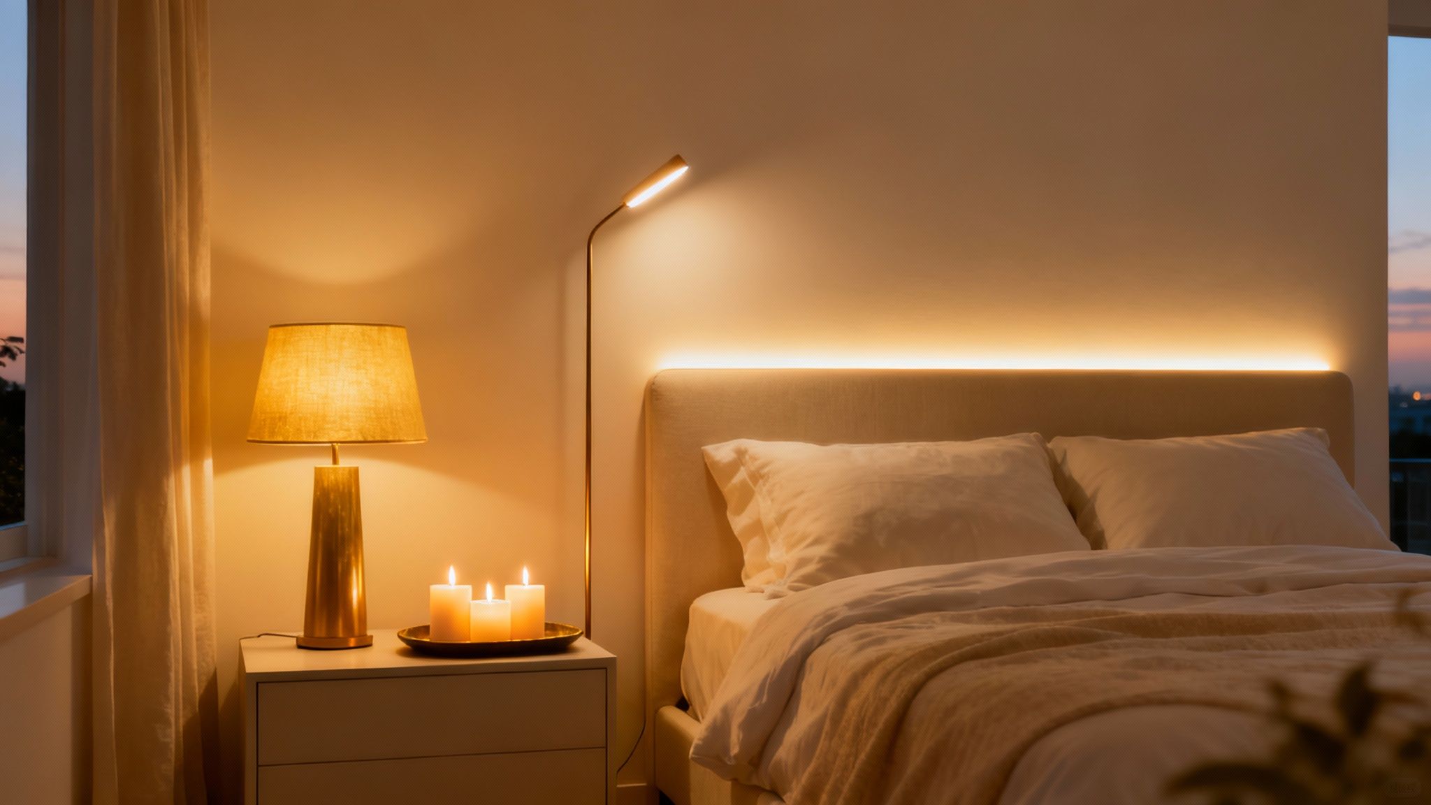 A warmly lit bedroom with bedside lamps, a floor lamp, and soft ambient light.