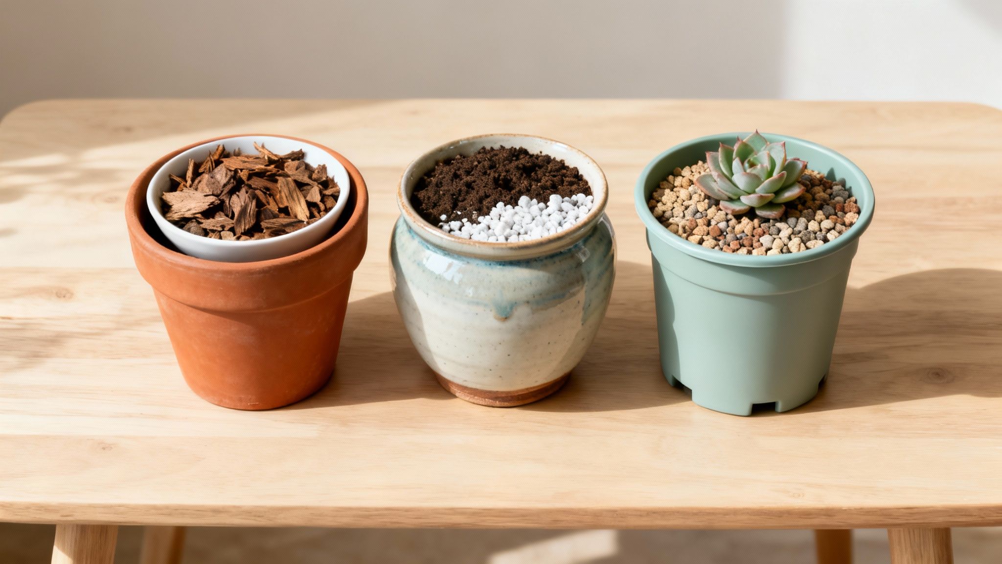 A collection of different houseplants in various types of pots.