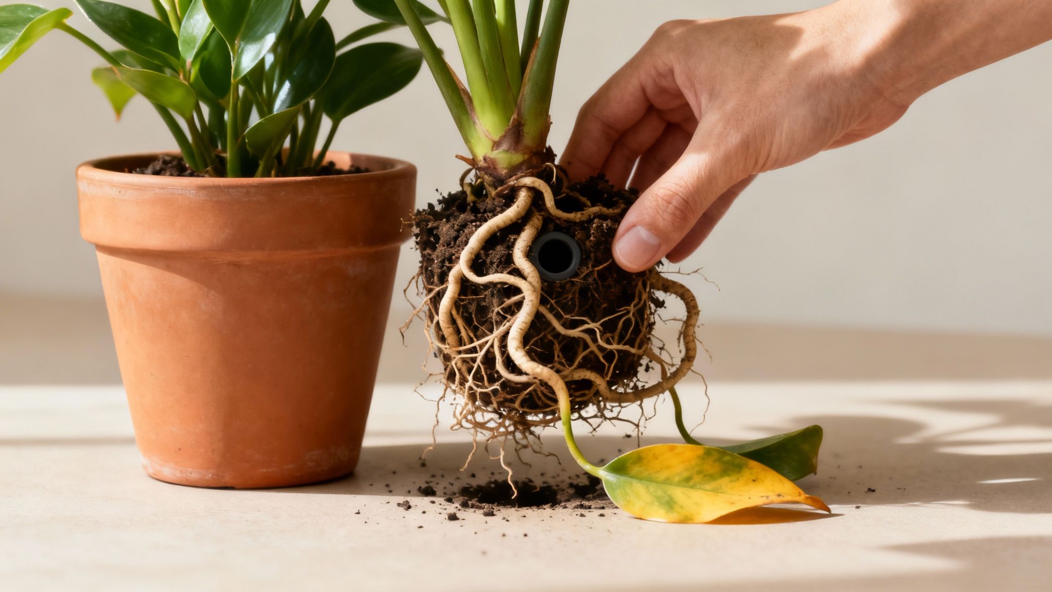 A person's hands gently holding a root-bound houseplant over a work surface.