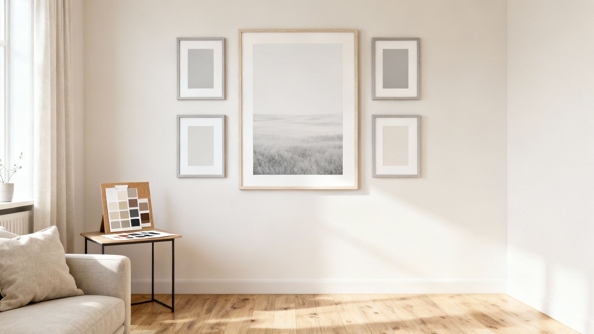 A beautifully arranged gallery wall in a living room with various art pieces and frames.