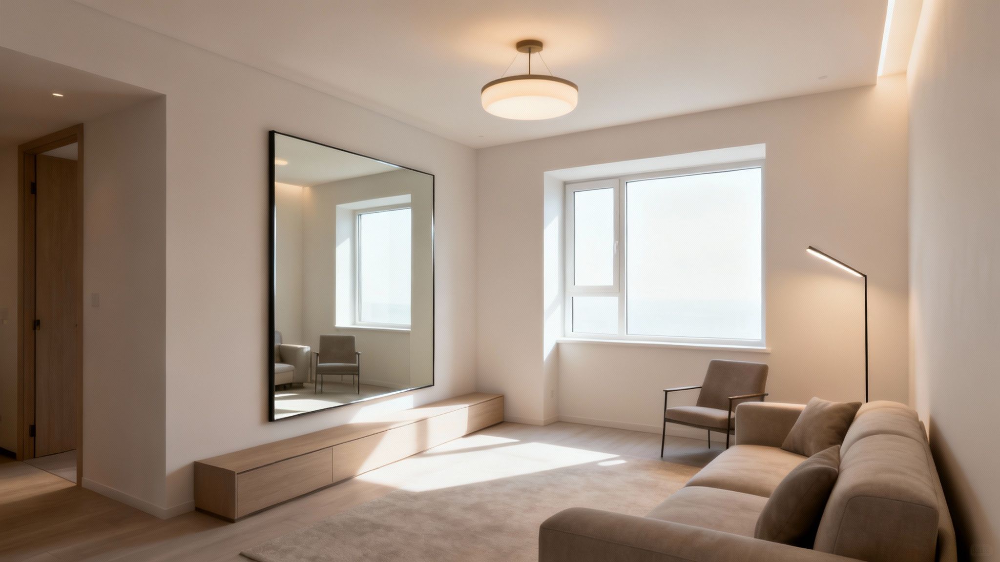 A large mirror strategically placed opposite a window in a small room, reflecting light and creating an illusion of depth.