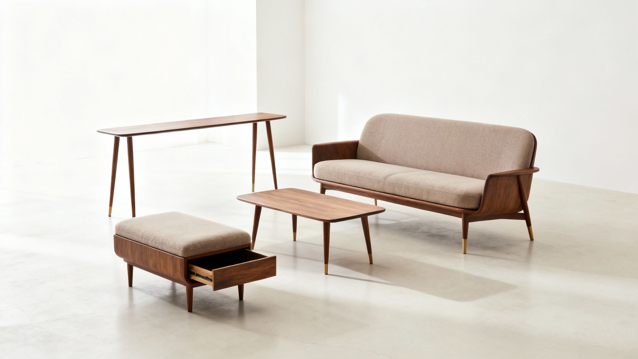 A small living room featuring a sofa and side table with exposed legs, demonstrating how this choice creates a sense of openness.