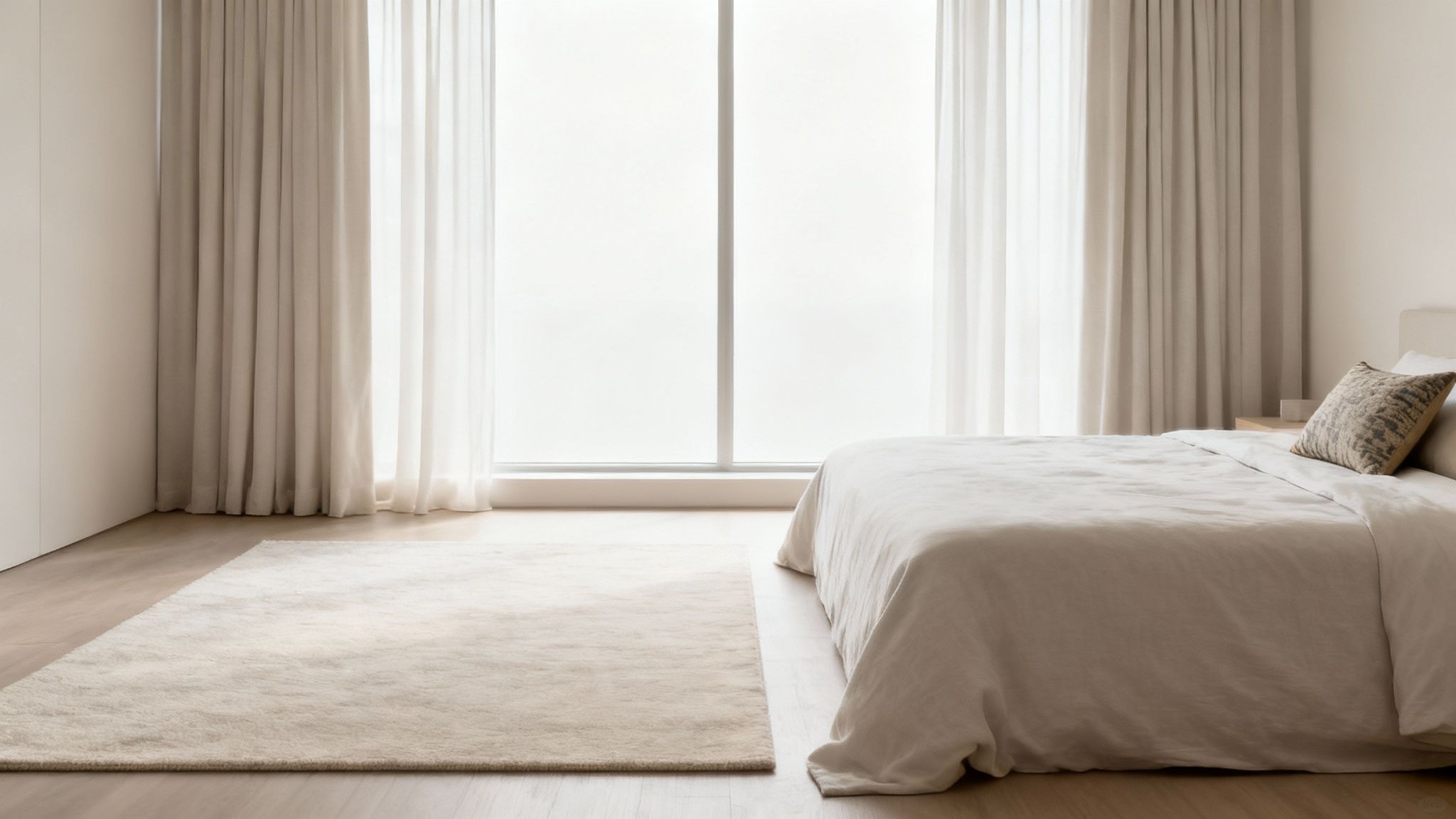 A light-filled room with high-hung curtains and a large, light-coloured rug, creating an open and airy feel.