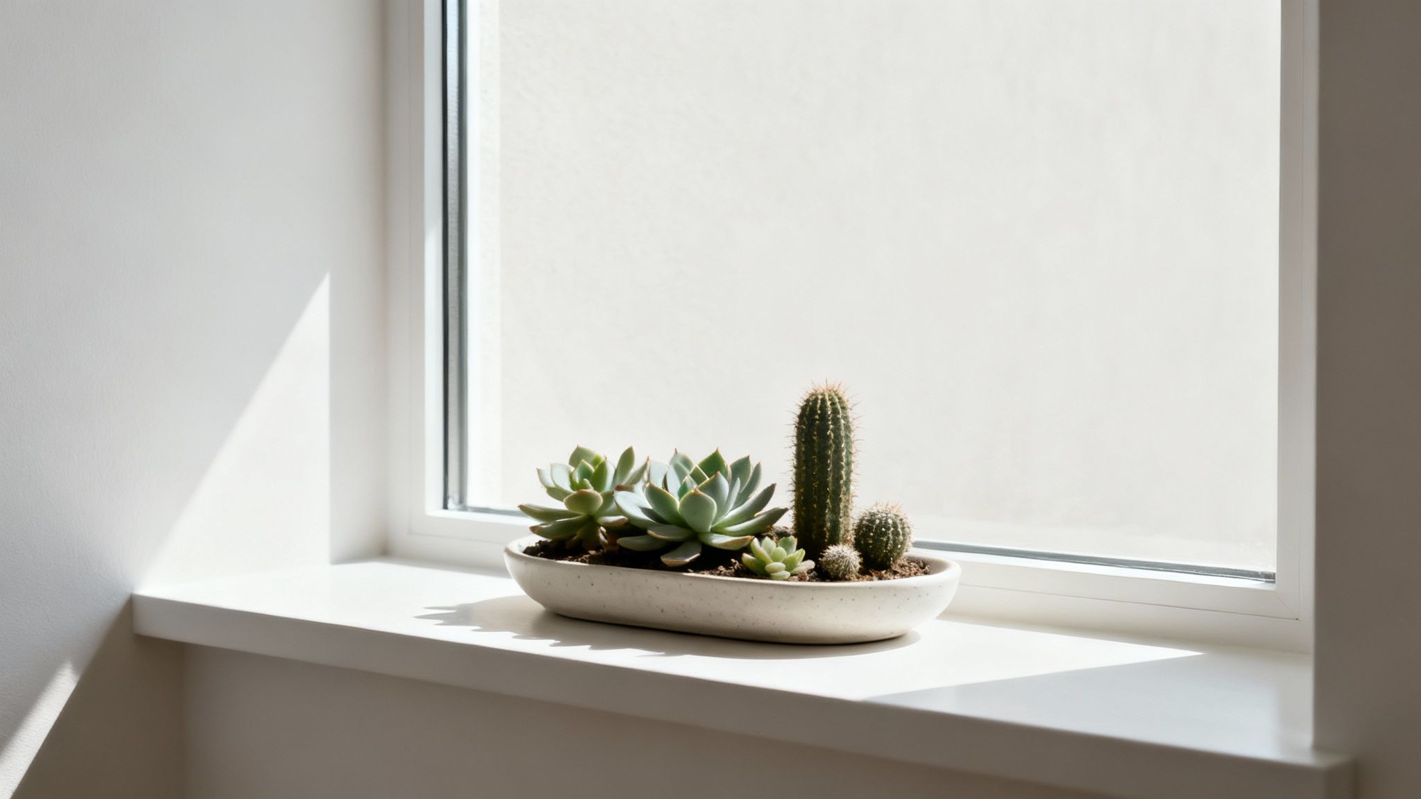 A collection of succulents and cacti in stylish pots arranged on a bright window sill.