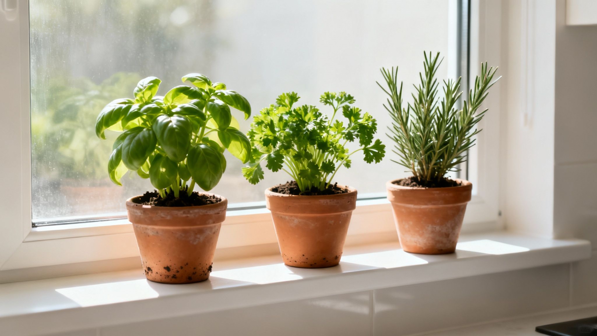 An aromatic herb garden on a kitchen window sill, with various herbs in terracotta pots catching the sunlight.