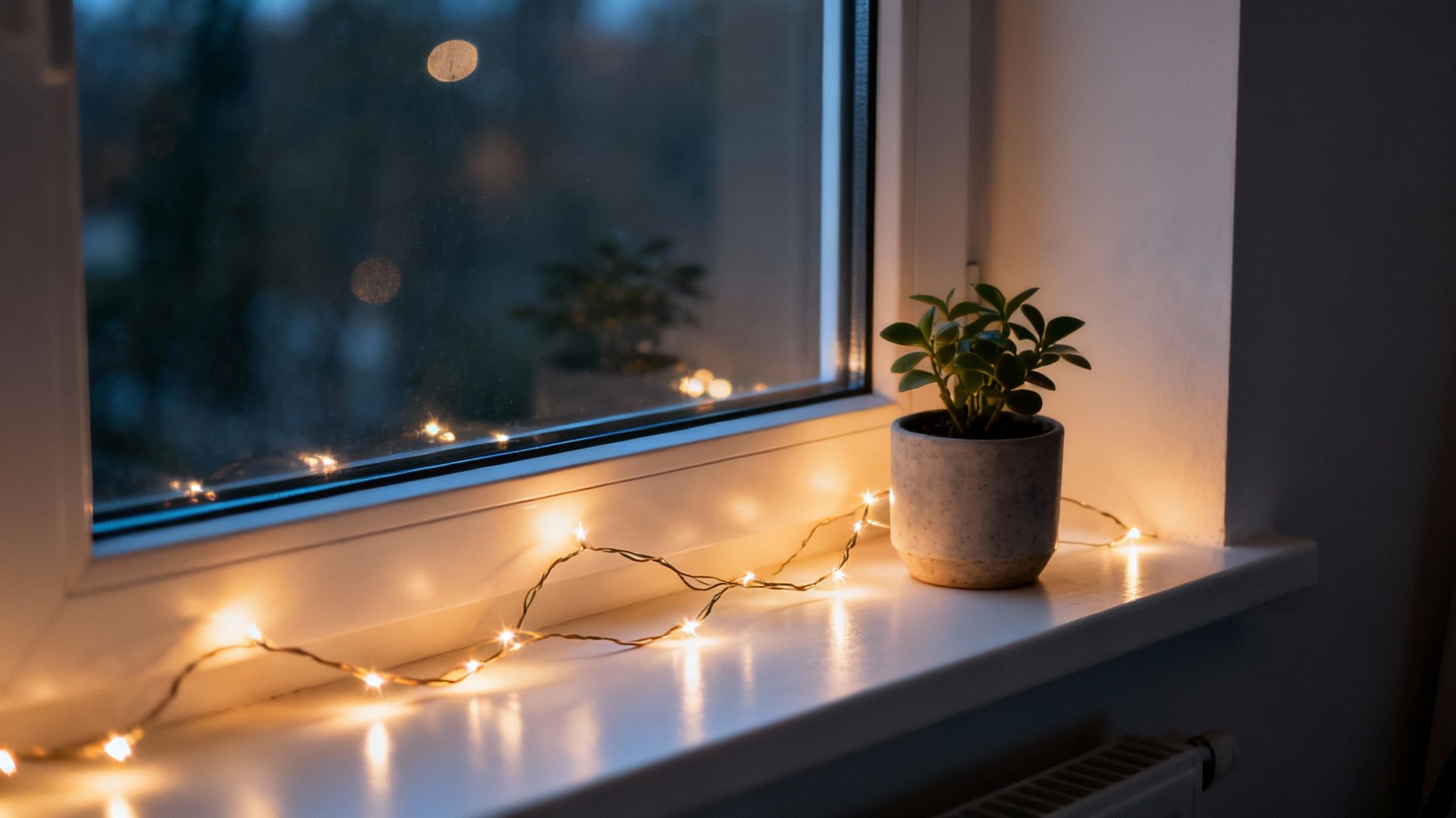 Warm fairy lights draped along a window sill, creating a cosy and magical glow in the evening.