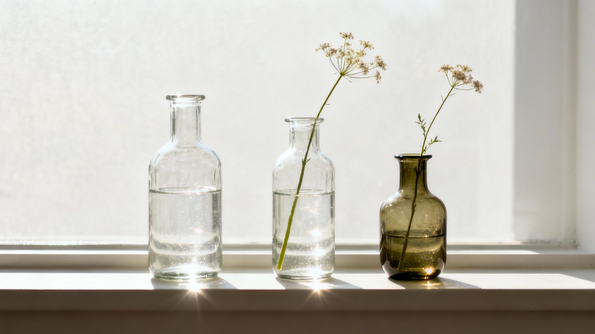 A collection of colourful and clear glass bottles and vases arranged on a window sill, with light shining through them.