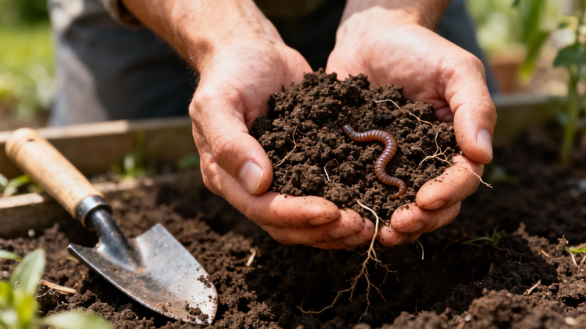 A person's hands holding rich, dark garden soil, ready for planting.