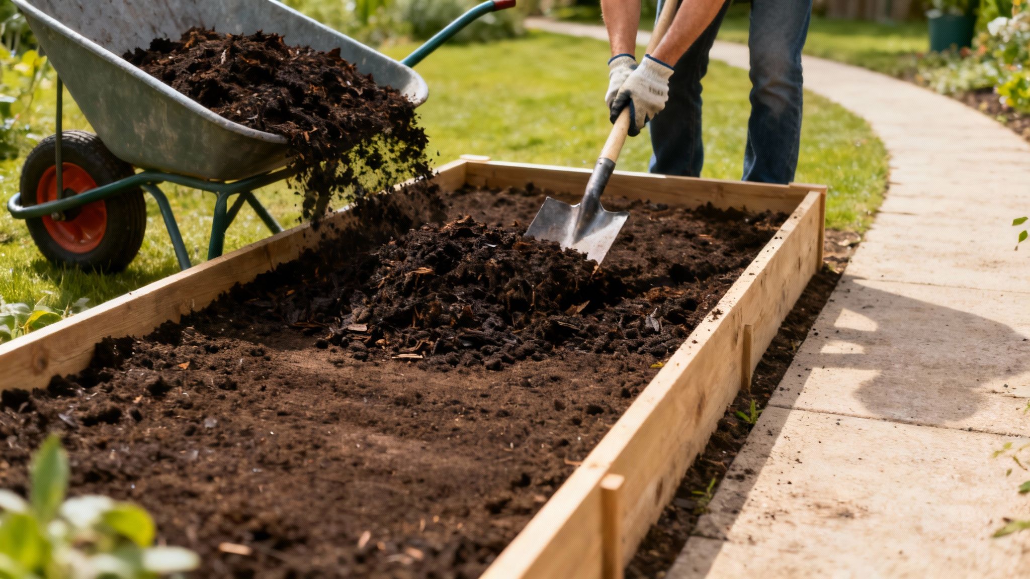 A gardener spreading fresh mulch over a newly prepared planting bed, ready for plants.