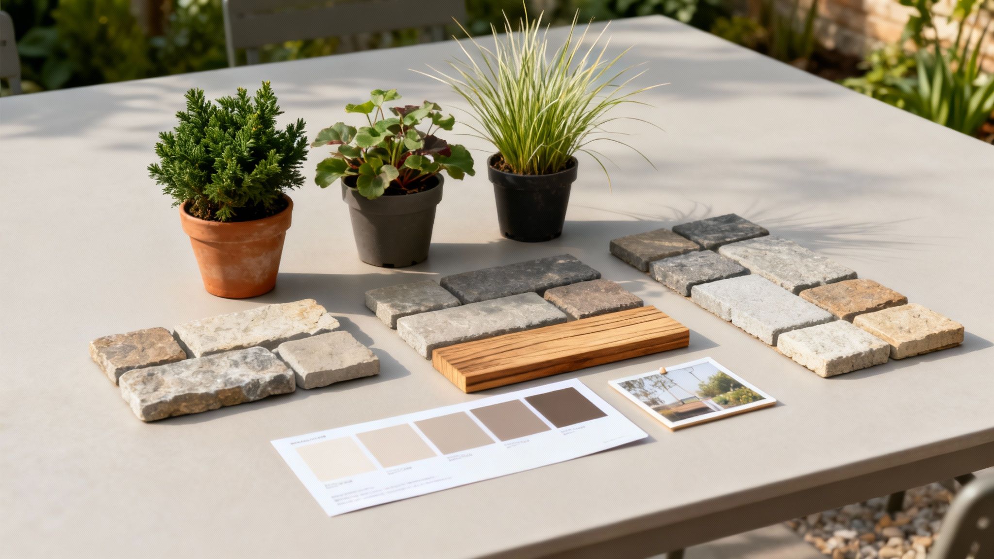 Garden design planning materials including stone pavers, wood samples, plants, and color swatches on outdoor table