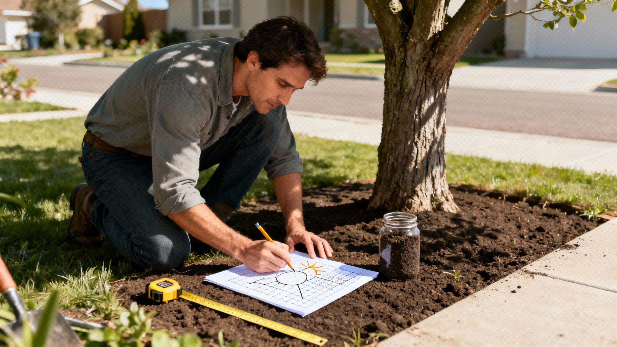 Man kneeling on grass drawing garden layout plan with sun diagram beside tree